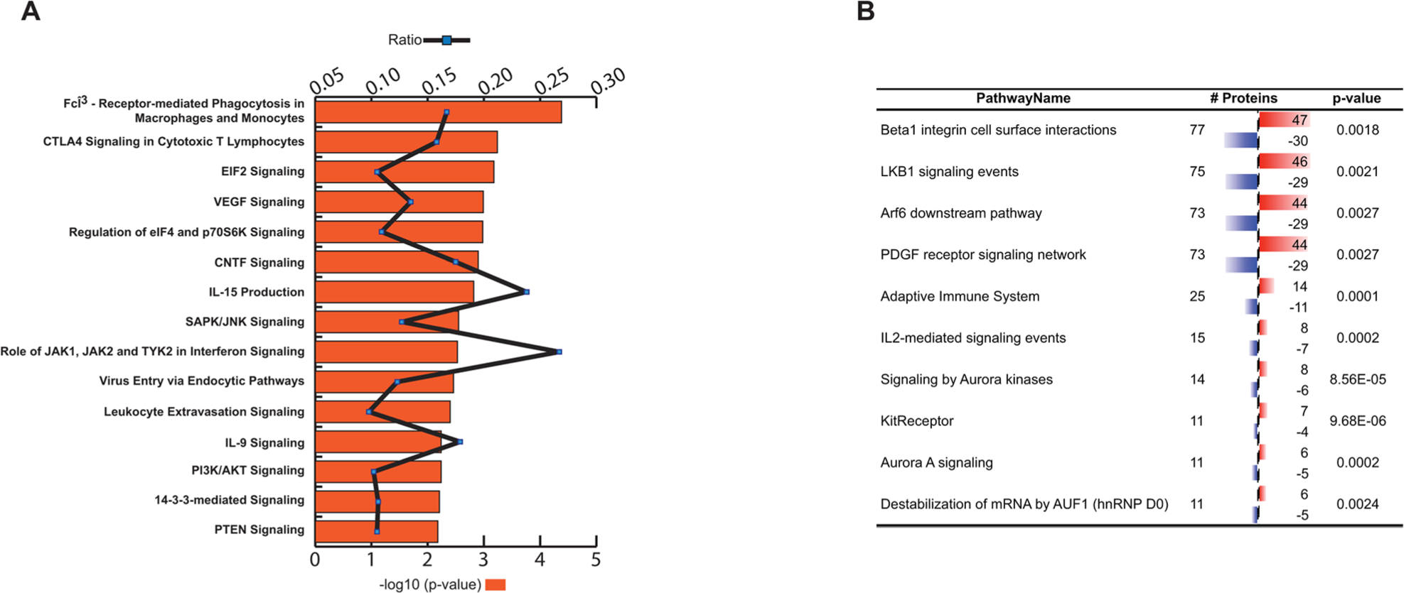(A) Ingenuity global canonical pathways inferred from differentially reactive antigens. Minus-log10 p-values (bars) and enrichment ratios (line) are shown. (B) Deduced molecular pathways using PathwayCommons tool. Red bar indicates increased-, blue bar decreased antigen binding reactivity.
