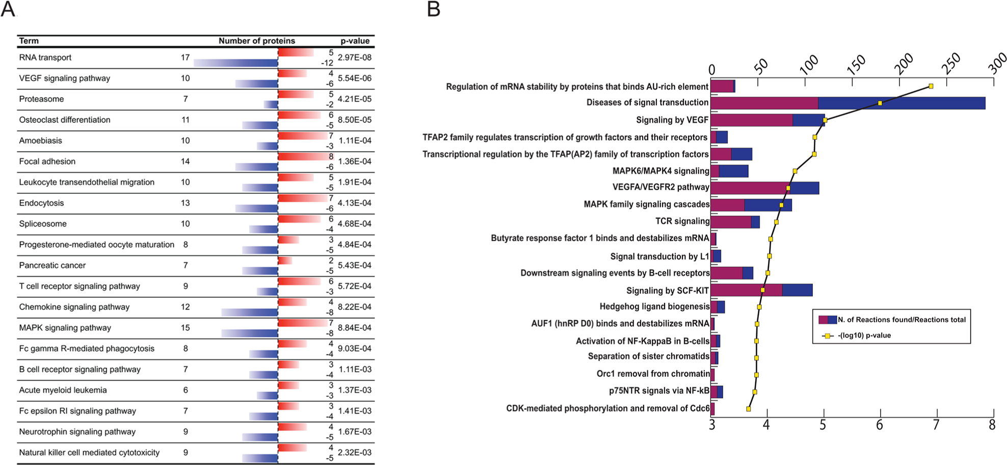(A) KEGG pathway analysis of differentially antigenic proteins. Red bar indicates increased-, blue bar decreased antigen binding reactivity. (B) REACTOME pathway analysis of differentially antigenic proteins. Purple/blue bars represent the number of related reactions/all reactions in category; yellow line shows -(log10) p-values.