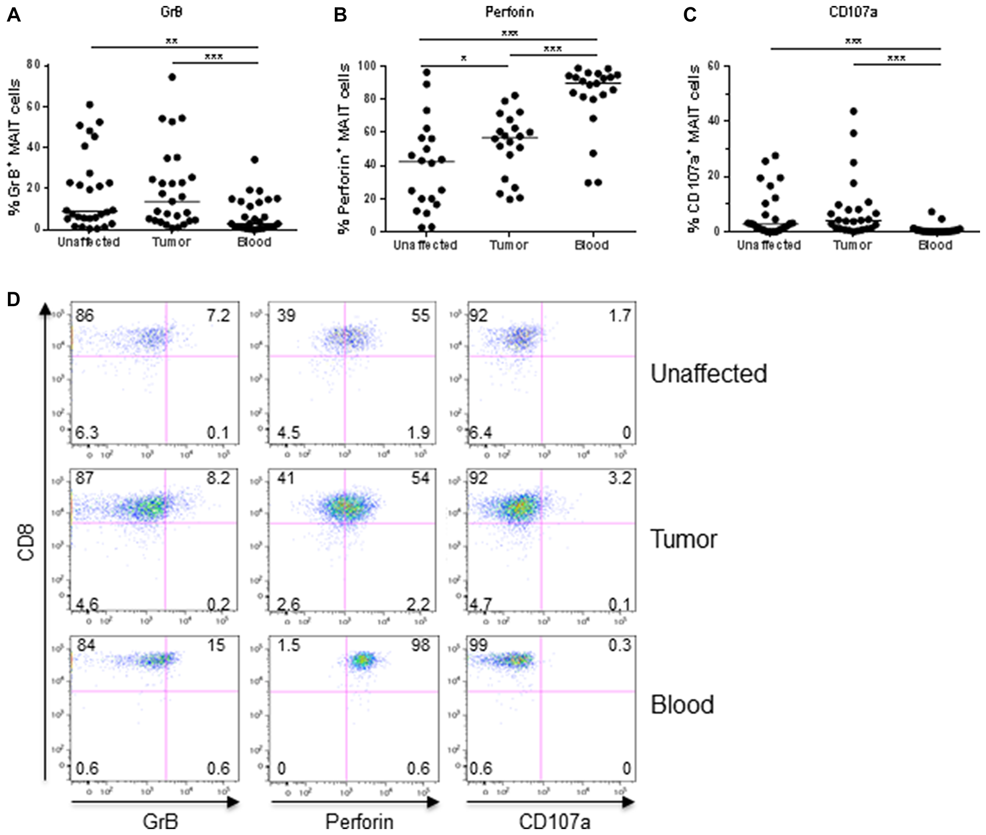 Frequencies of GrB+, Perforin+, and CD107a+ MAIT cells ex vivo.
