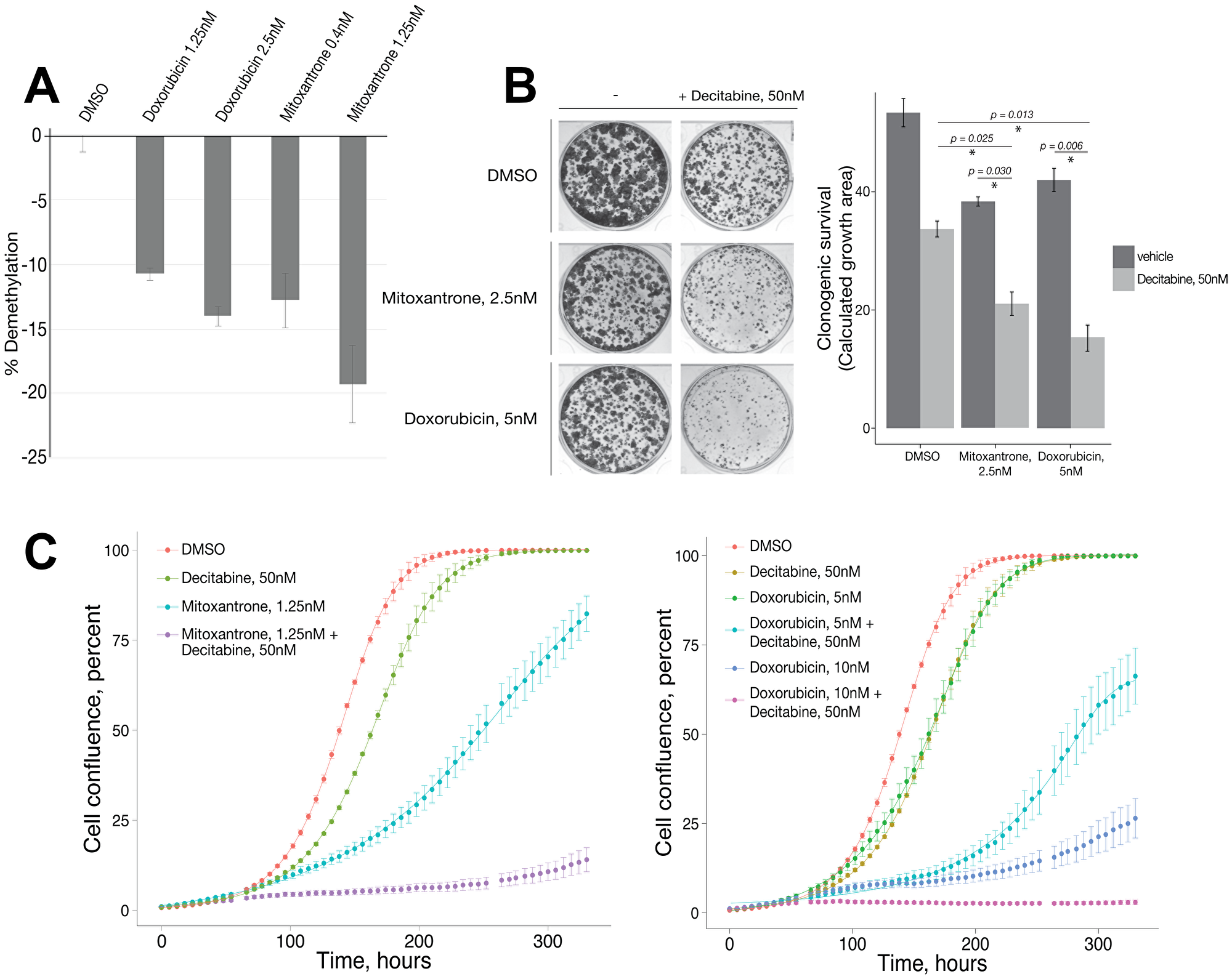 Mitoxantrone and doxorubicin treatment causes genomic hypomethylation and synergizes with decitabine for inhibition of cancer cell growth/survival.