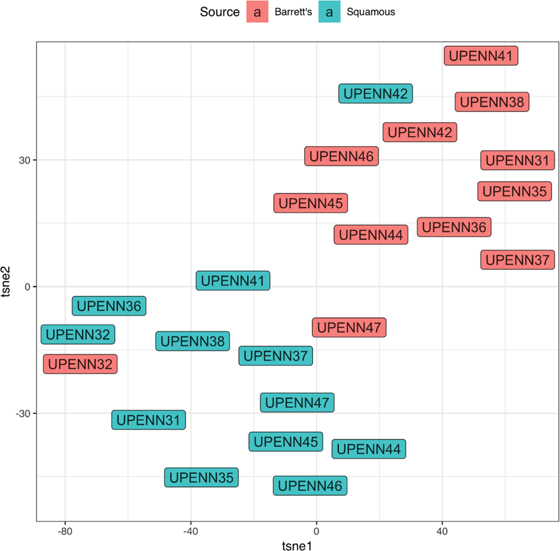 t-distributed stochastic neighbor embedding (t-SNE) of marker expression of Barrett’s esophagus vs. normal adjacent squamous tissues.