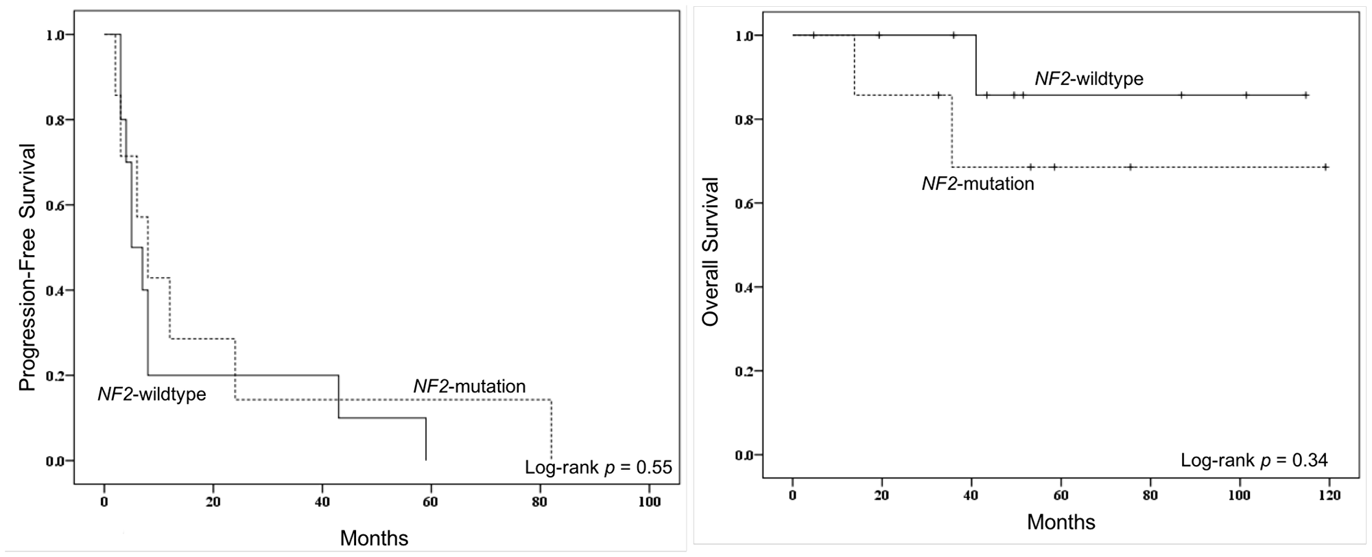 Kaplan–Meier progression-free survival (PFS) curve (left) and overall survival (OS) curve (right) for comparisons by NF2 mutational status. Comparisons were made by log-rank tests.