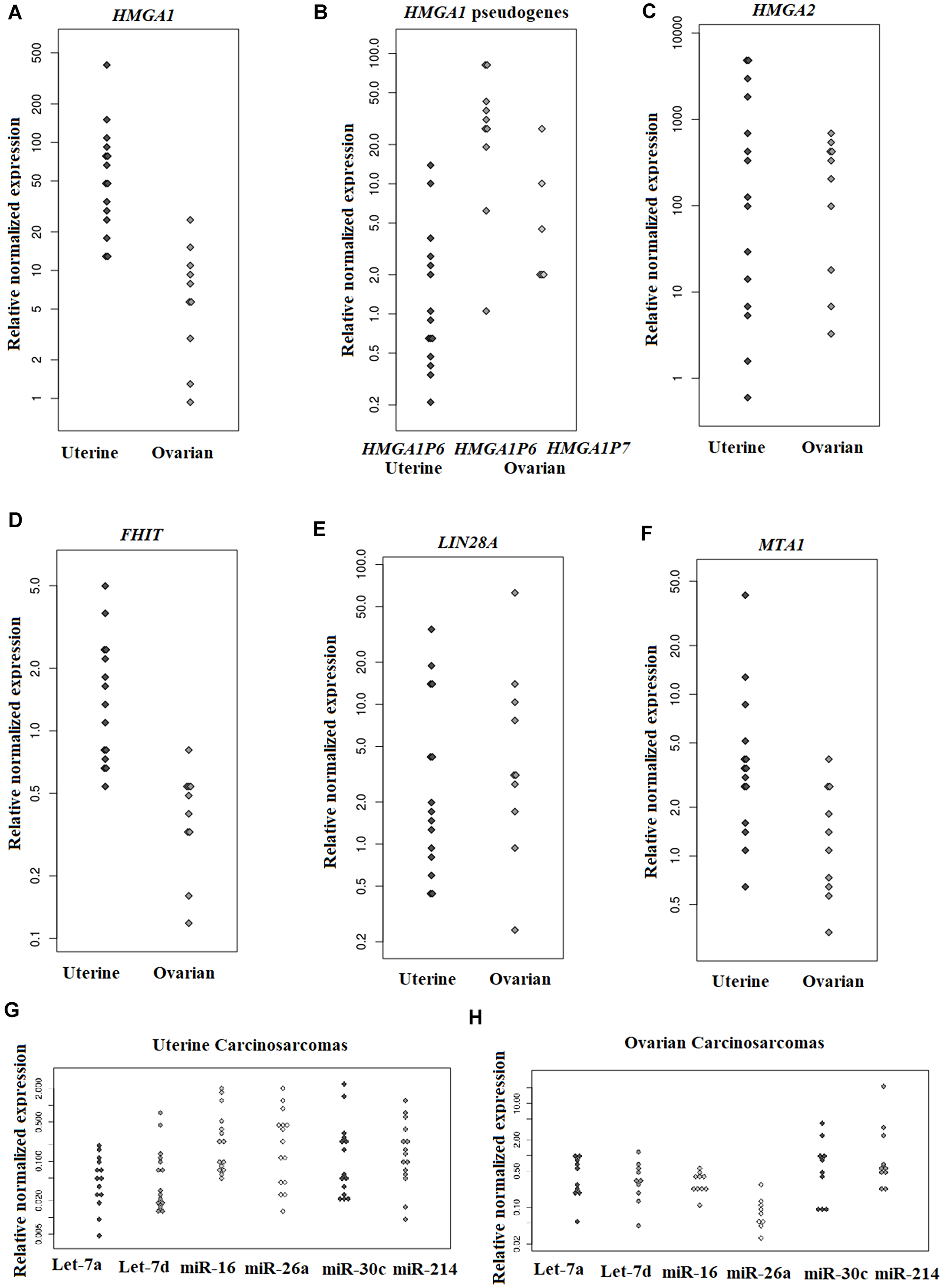 Genes and miRNA expression levels in uterine and ovarian carcinosarcomas assessed by Real-Time PCR.