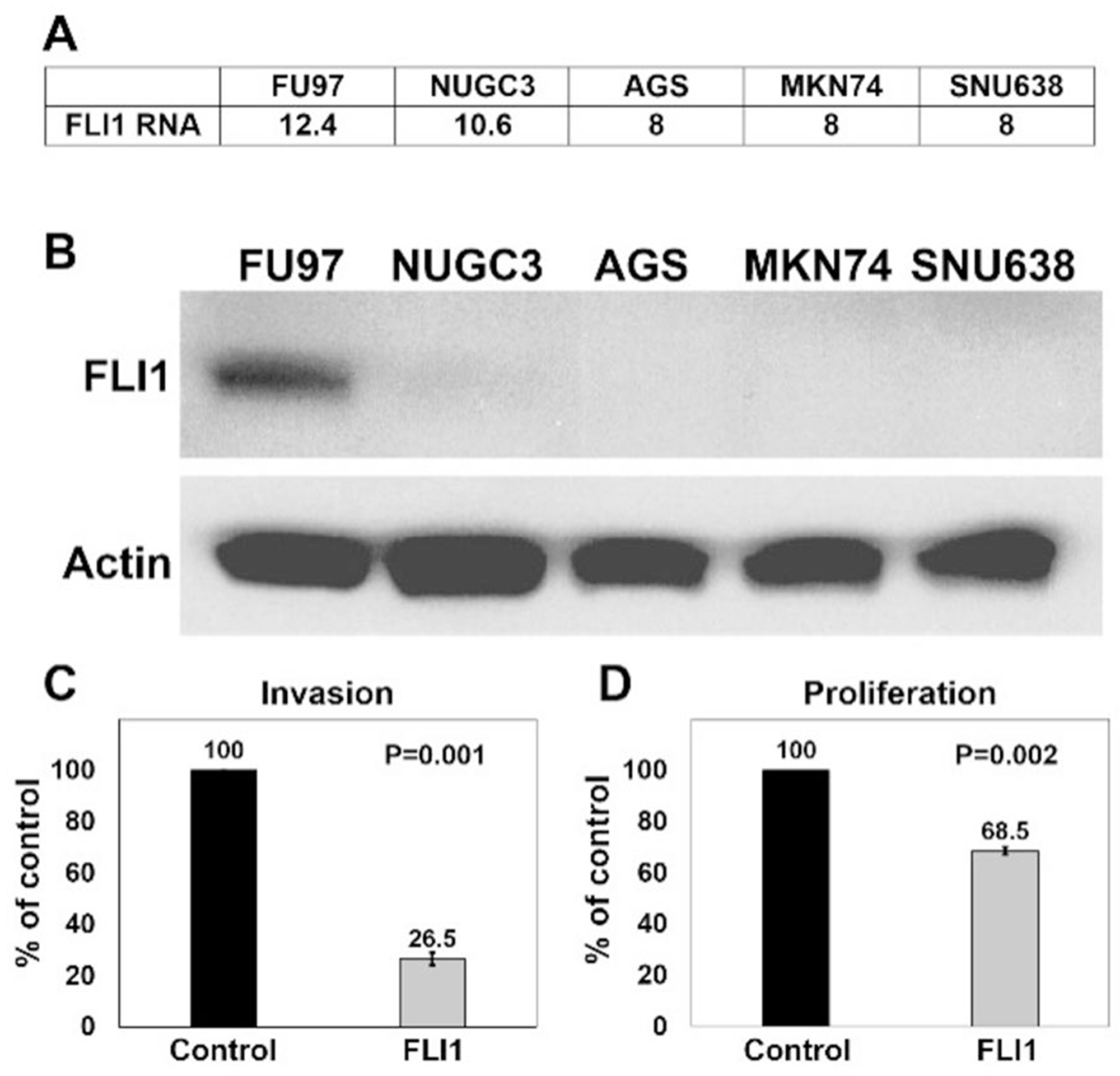 Overexpression of FLI1 in AGS cells inhibits invasion and proliferation
