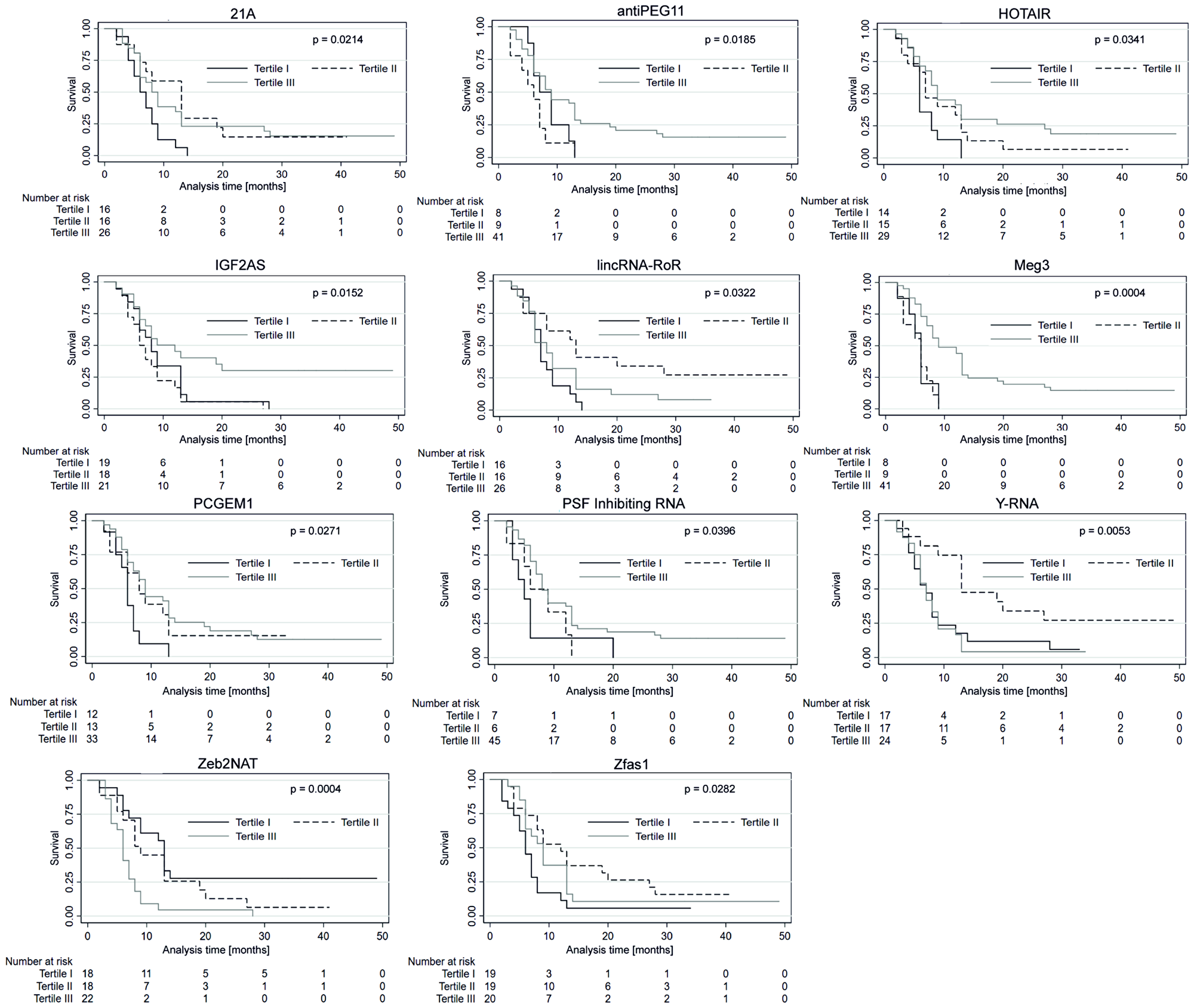Overall survival (OS) probability curves of the three subgroups stratified based on low, medium and high expression of lncRNAs.