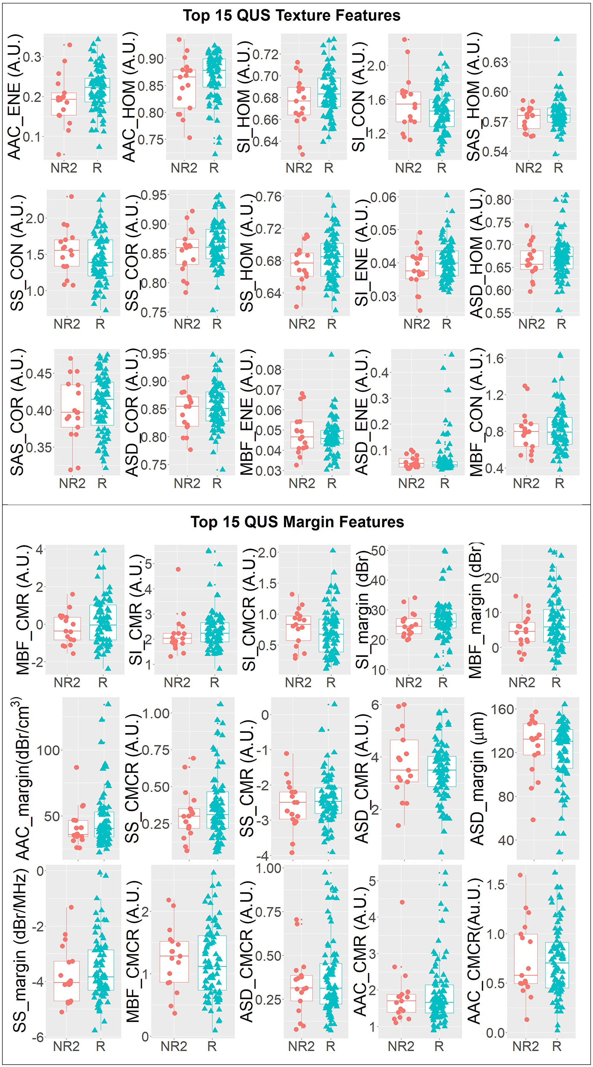 One-dimensional scatter plots and overlaid boxplots of the top 15 QUS texture featuers and top 15 QUS margin features comparing responder (R) and non-responder (NR2) groups.