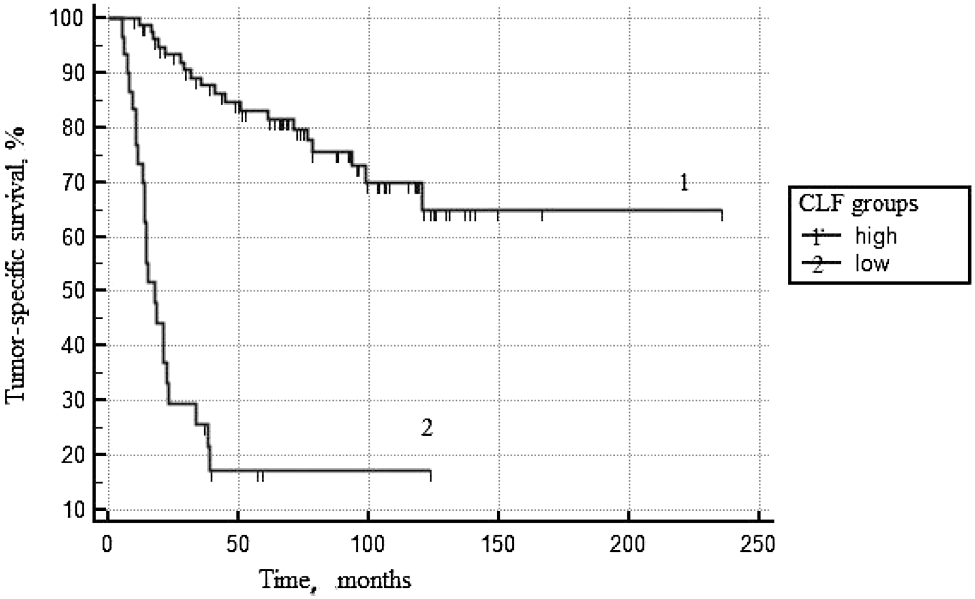 Tumor-specific survival according to CLF*