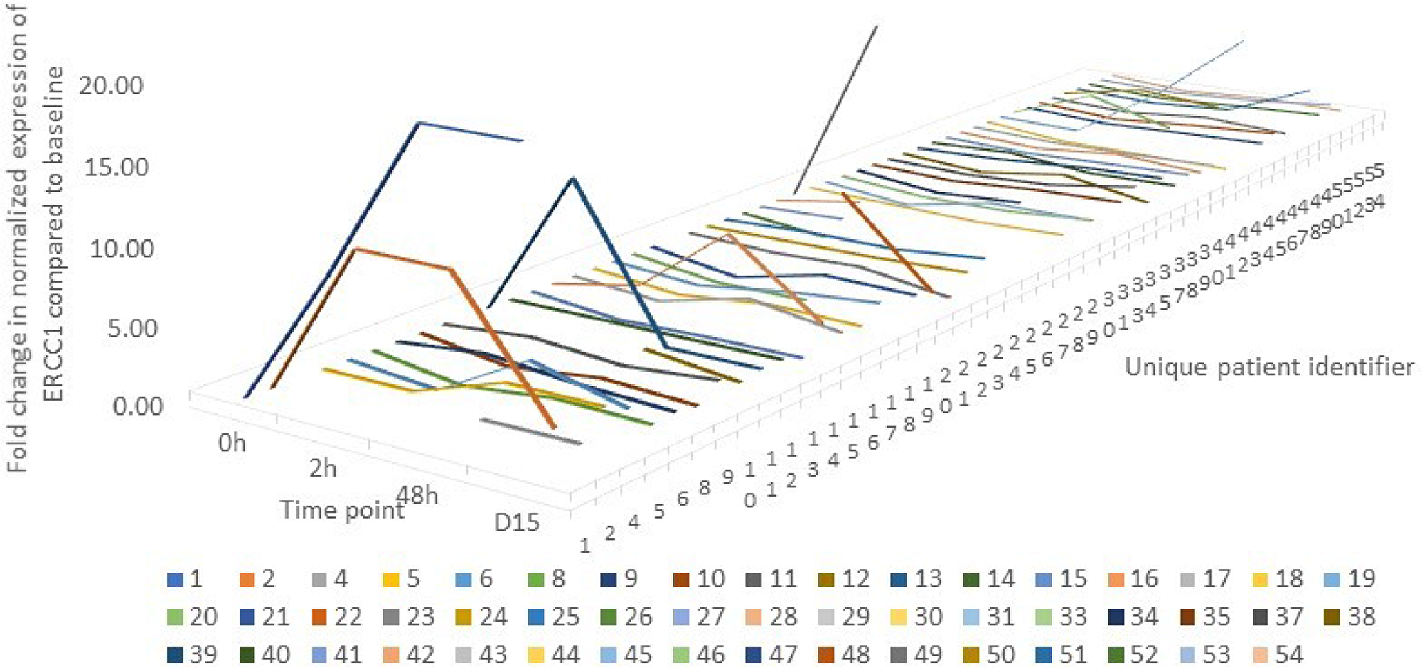 A line graph depicting the pattern of change in ERCC1 expression over time in each individual patient (n=50) where mRNA expression was quantified by qPCR
