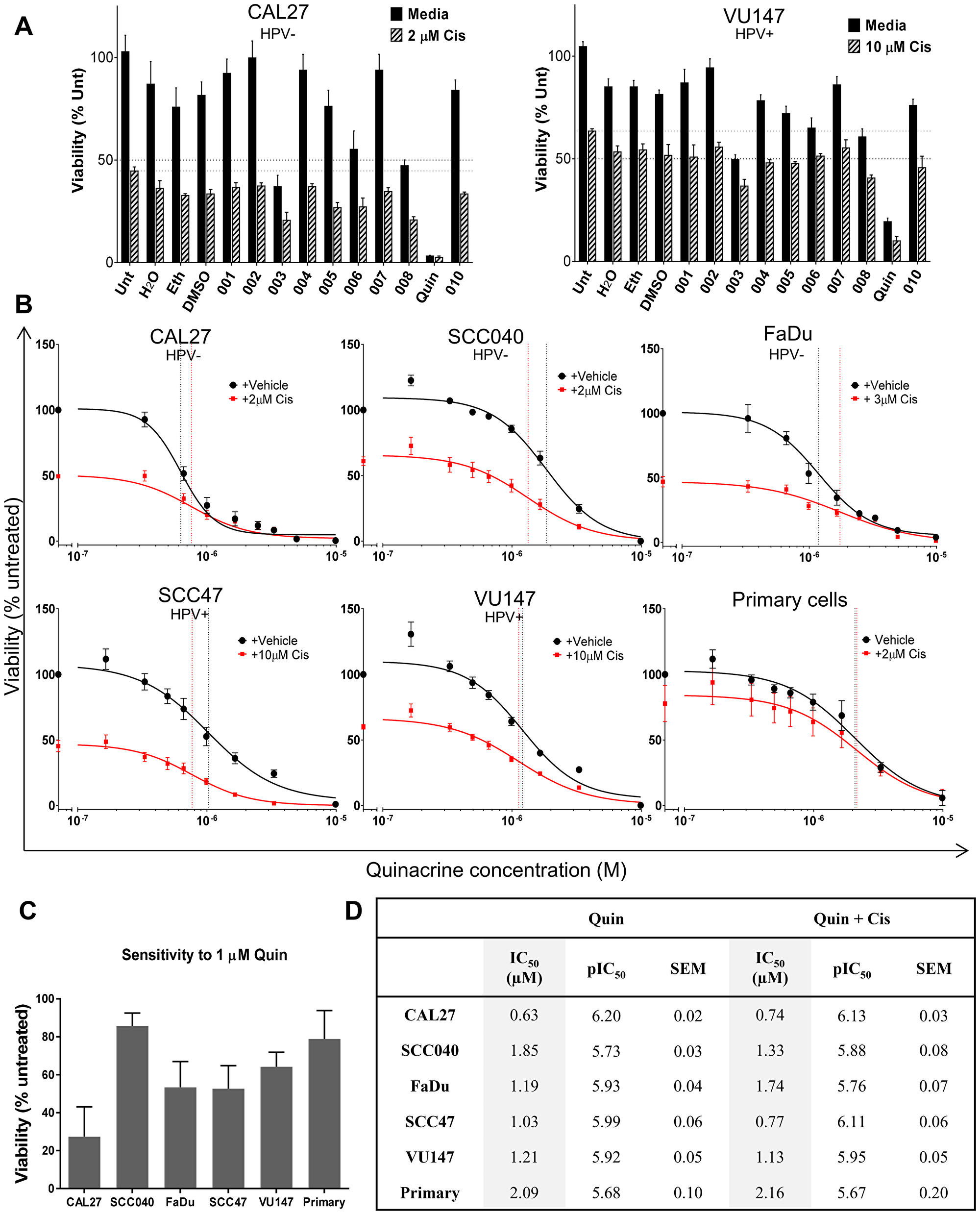 (A) Confirmatory screen for hits using CAL27 and VU147 cells exposed to various repurposed drugs at Cmax (or lower), with and without cisplatin (n = 3). (B) Cell viability is compared to untreated controls following 72 (cell lines n = 3–7) or 96 (patient-derived primary tumor cells n = 6) hours exposure to quinacrine alone (black line) at increasing concentrations and also in the presence of cisplatin (red line). IC50 values are highlighted by vertical dotted lines color matched; responses fitted to a five-parameter logistic equation. (C) Viability of cells exposed to 1 μM quinacrine compared to untreated controls. (D) Summary of IC50 values (shaded columns) and inverse log of the IC50 values (pIC50) of quinacrine and standard error of the mean (SEM) in each cell line, with and without the addition of cisplatin.