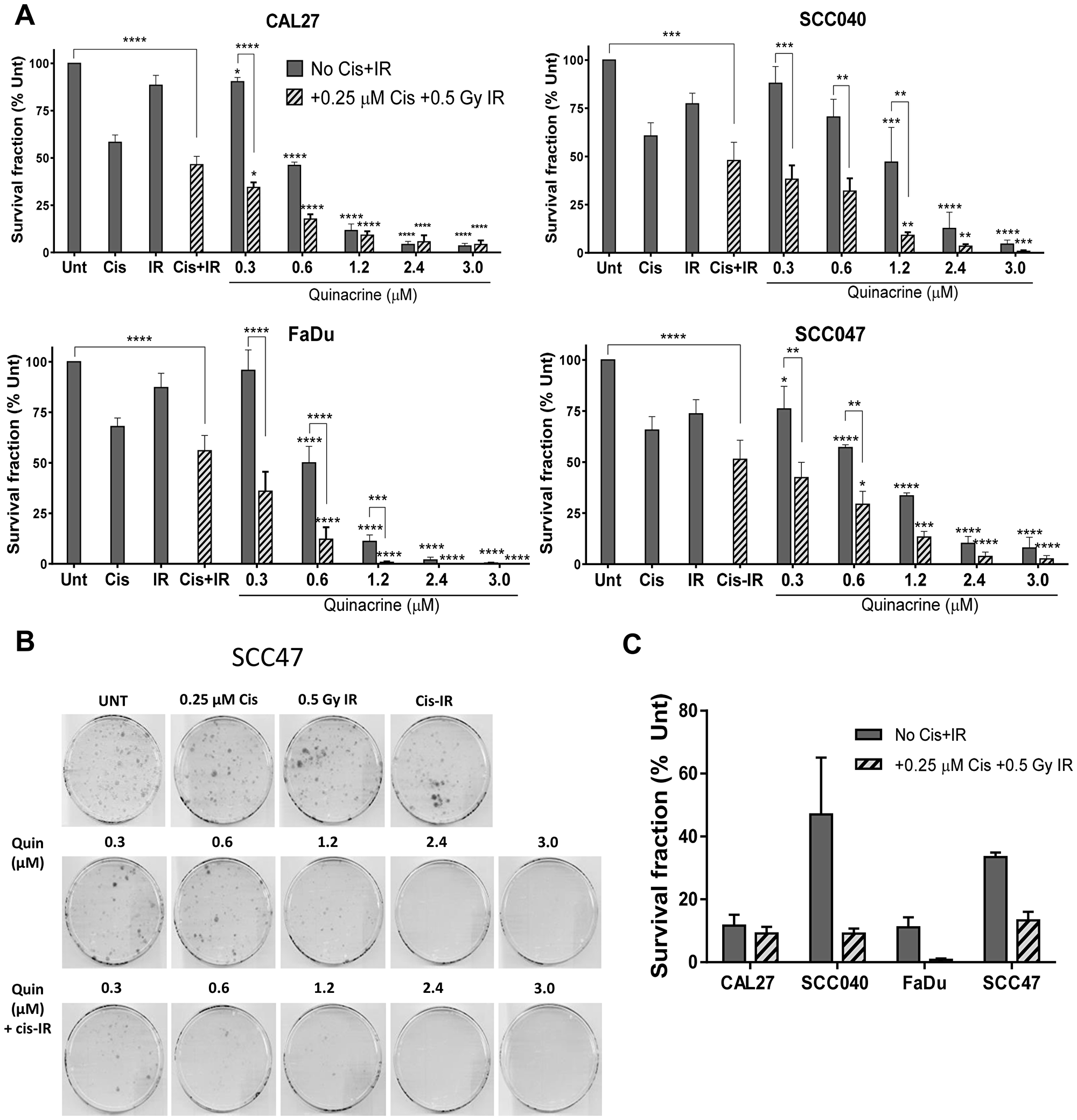 Clonogenic survival of cell lines exposed to increasing concentrations of quinacrine, with and without 0.25 μM cisplatin and 0.5 Gy irradiation (Cis+IR) for 24 hours (n = 3–4)