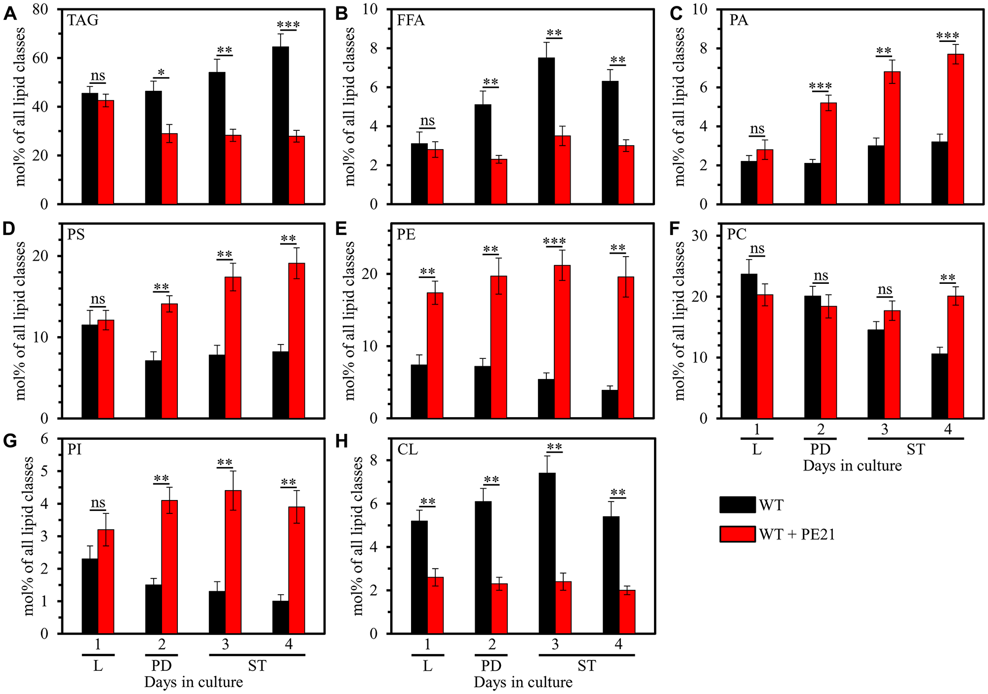 PE21 exhibits age-dependent differential effects on the relative levels of different lipid classes