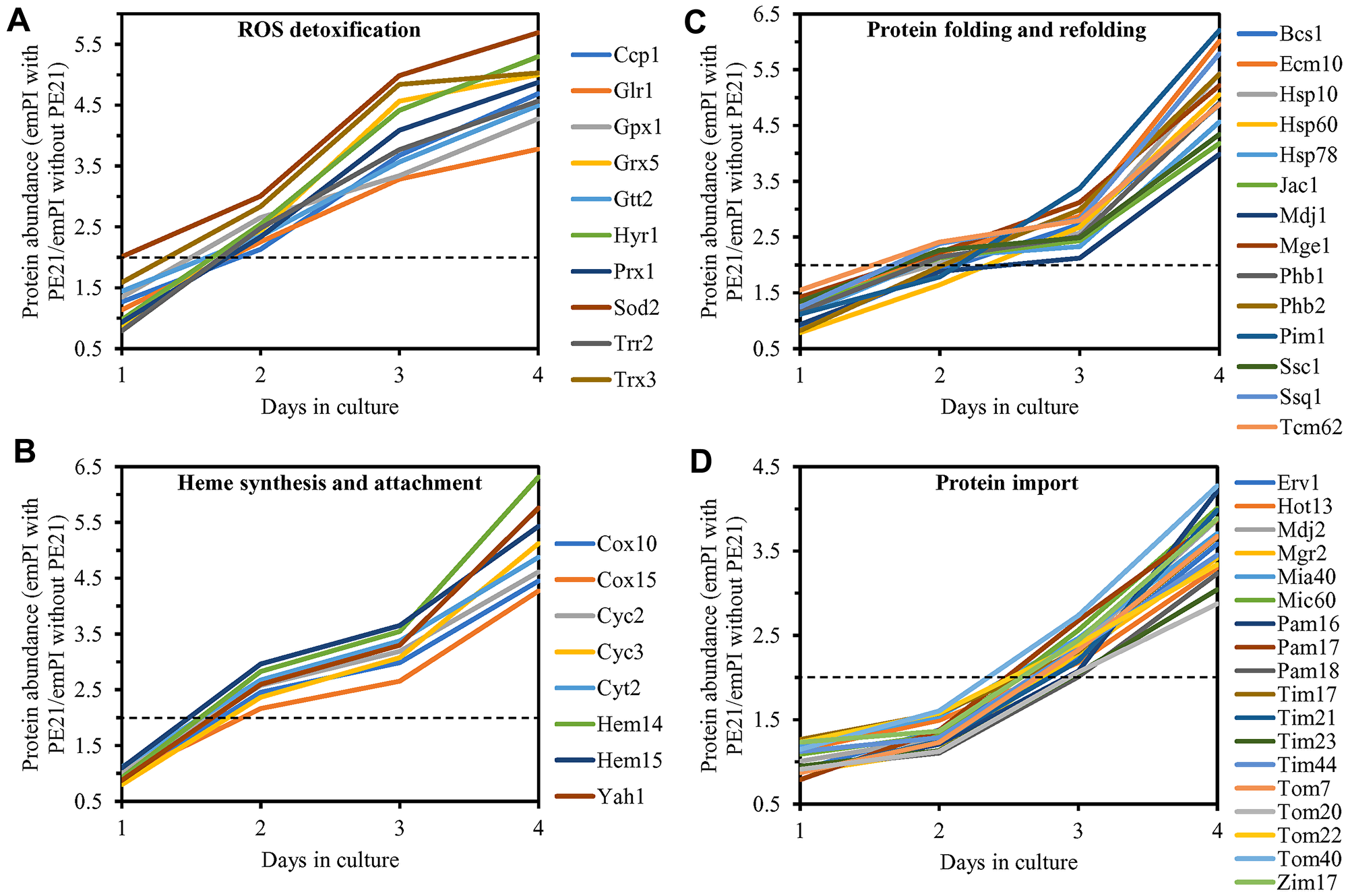 PE21 increases the abundance of mitochondrial proteins implicated in ROS detoxification, heme synthesis and protein attachment, protein folding and refolding, and protein import into mitochondria