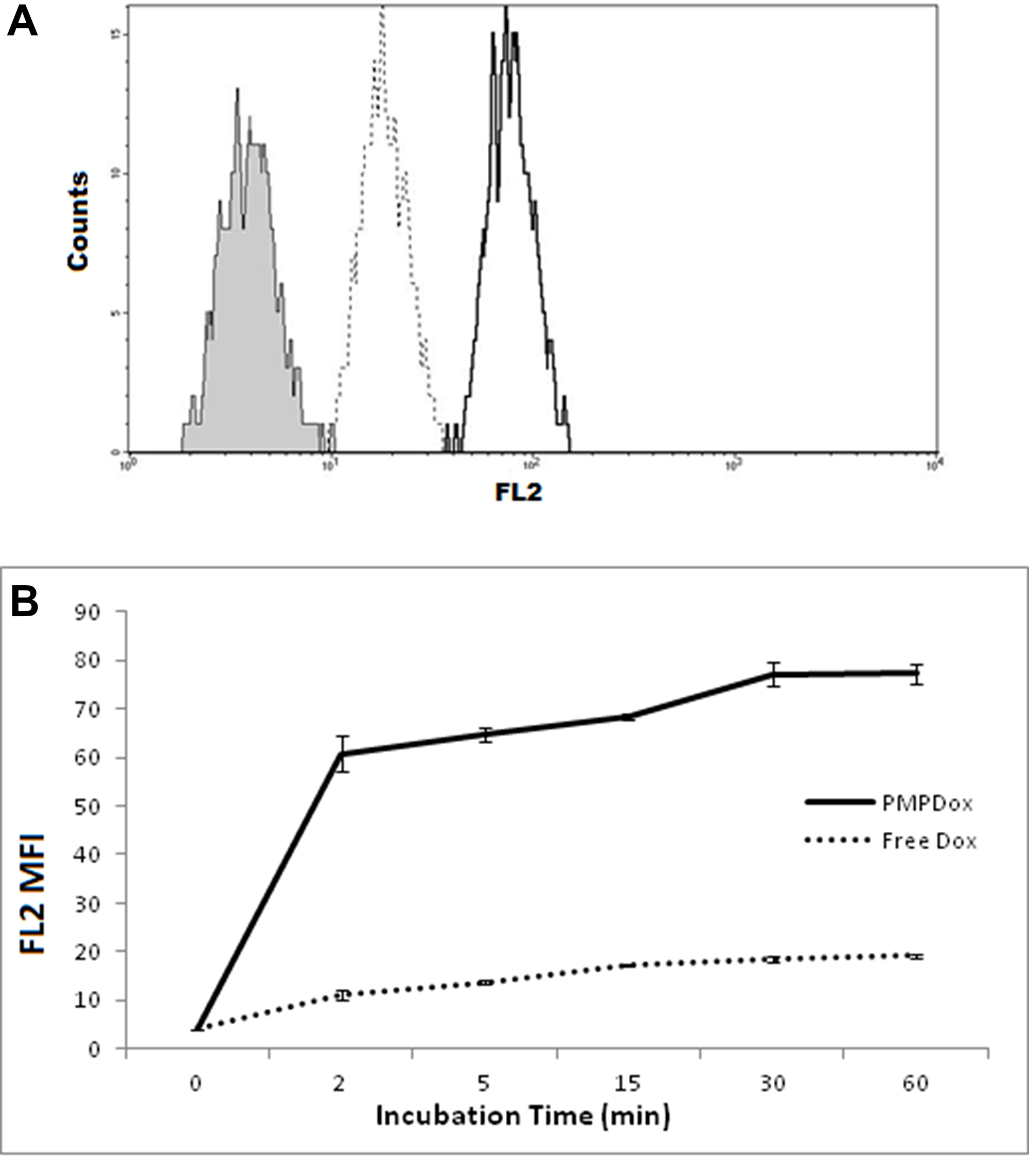 (A) uptake of doxorubicin by HL 60 cells following 60 min incubation with equivalent doses of either PMPDox (solid margin, unshaded) or free Dox (dotted margin, unshaded) studied by flow cytometry. Shaded curve represents HL 60 cells before exposure to drug. The figure is representative of 3 independent experiments. (B) Dox uptake by HL 60 cells at different time points. Graph represents mean ± SD from 3 independent experiments.