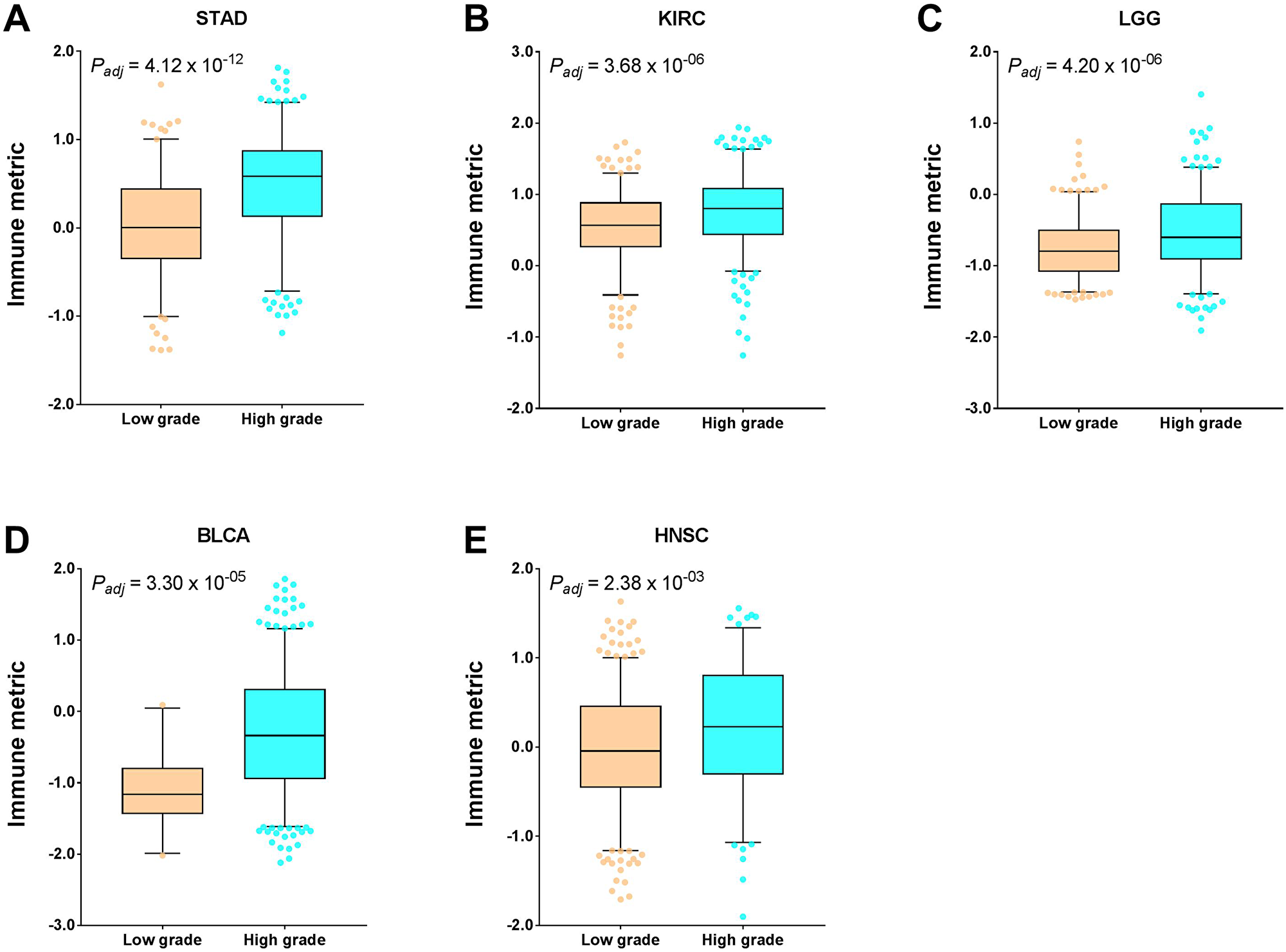 Tumor types with significant correlation of tumor immune response with histological grade