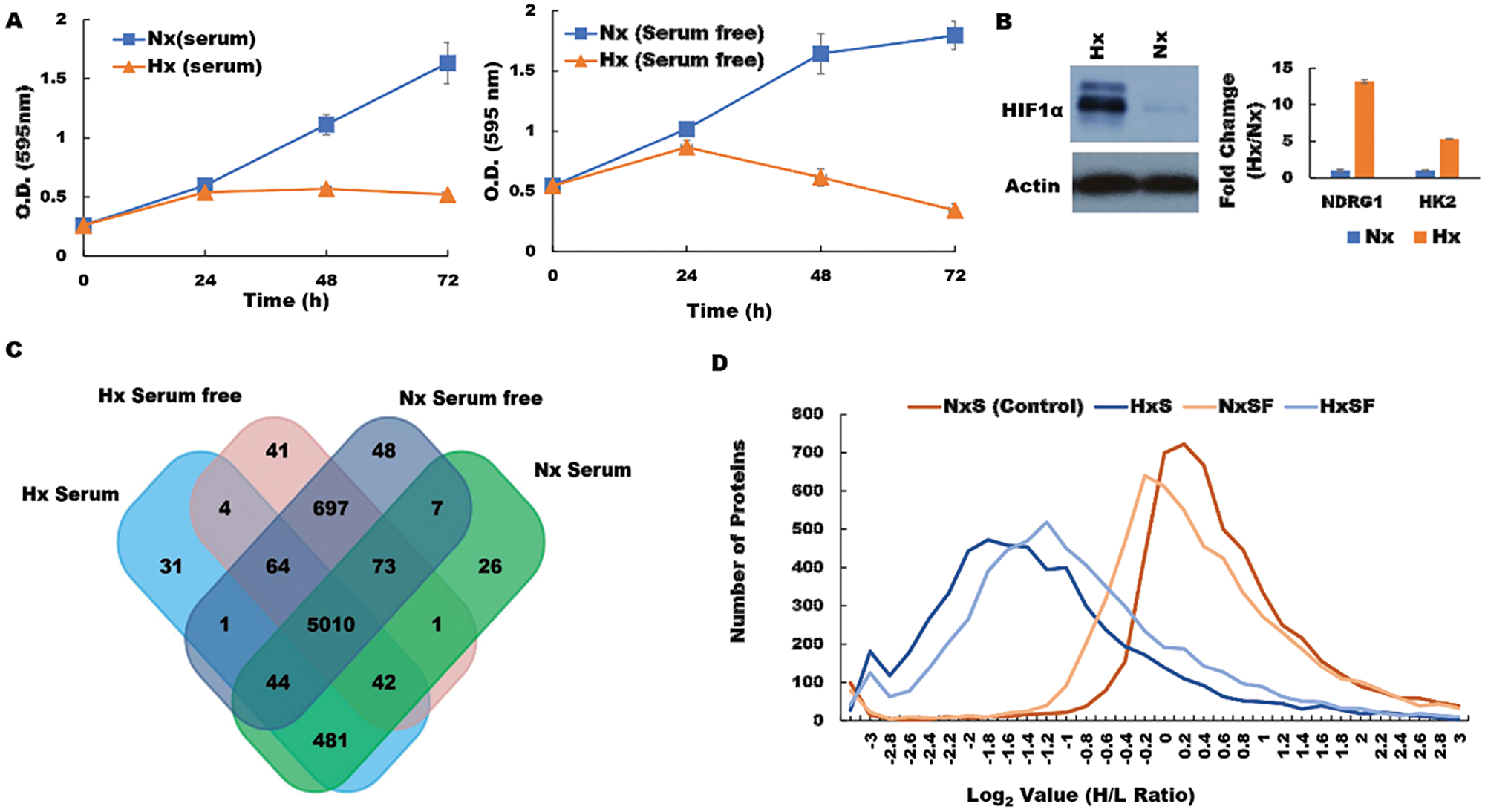Hypoxia modifies the pancreatic cancer cell proteome under both serum-replete (S) and serum-free conditions (SF)