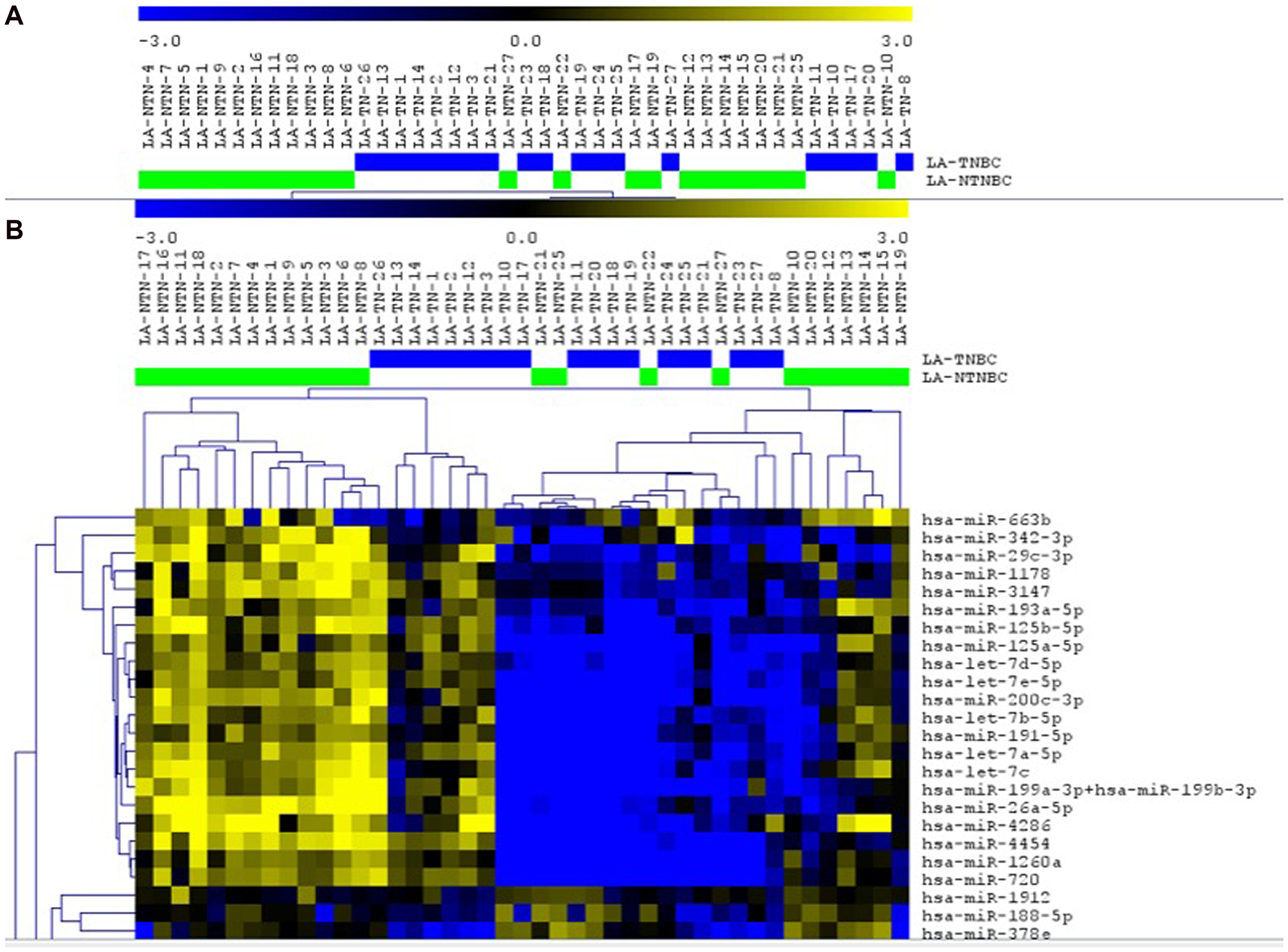 Unsupervised (A) and supervised (B) hierarchical clustering analysis applied to the TNBC (blue bars) and non-TNBC (green bars) cases analyzed. Up-regulated miRNAs (yellow) and down-regulated miRNAs (blue). Selected area of the heatmap showed. (MeV 4.9, Pearson Correlation, p $!--ESC