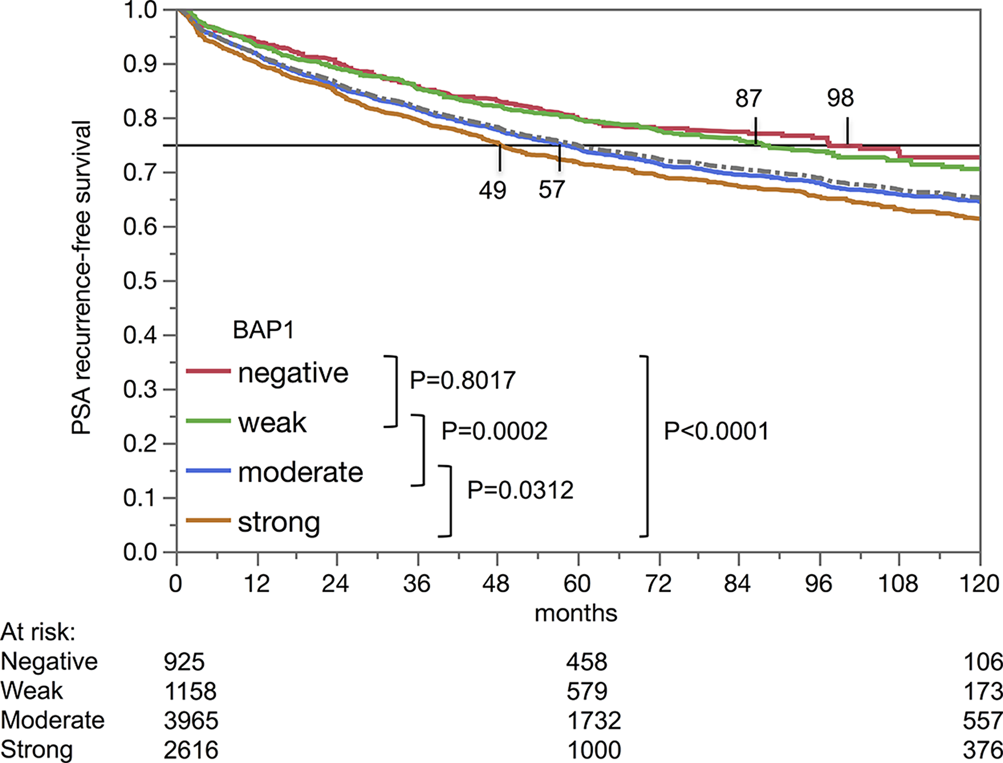 Kaplan-Meier analysis of PSA recurrence-free survival after prostatectomy and BAP1 staining