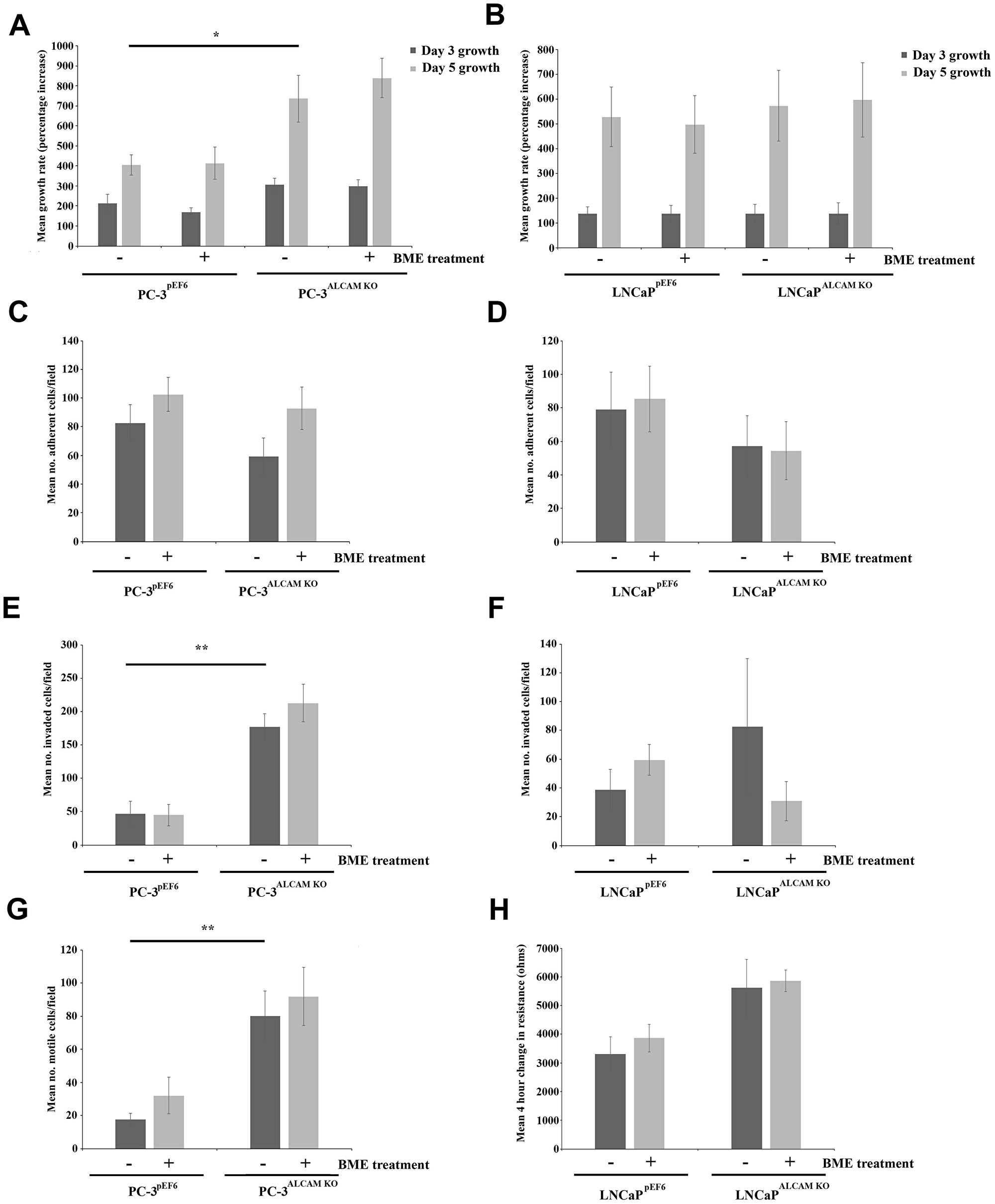 Impact of ALCAM suppression and bone matrix extract (BME) on prostate cancer cell function