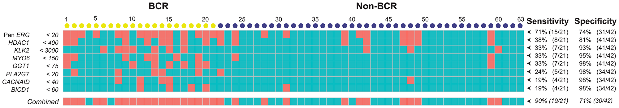 A gene panel for the prediction of BCR was selected based on significant differential expression in prostate tumors of non-BCR and BCR cases