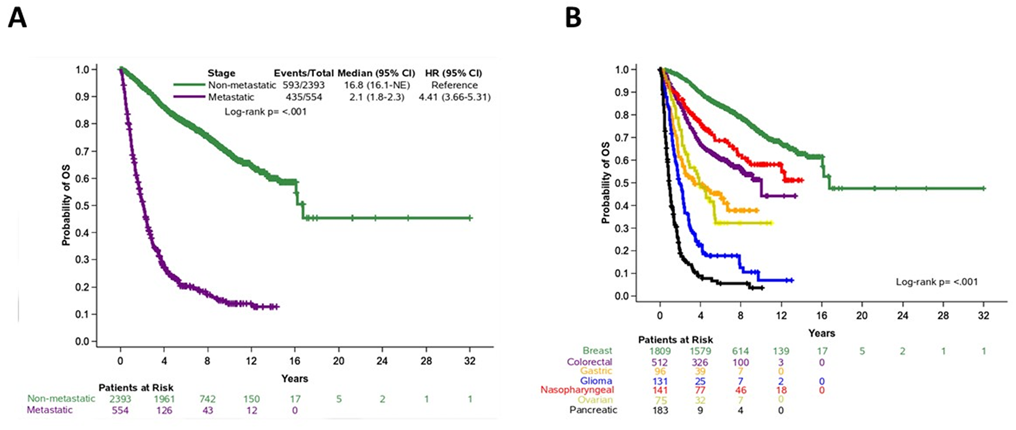Overall survival in patients based on (A) disease stage (non-metastatic and metastatic cancer) and (B) tumor type.