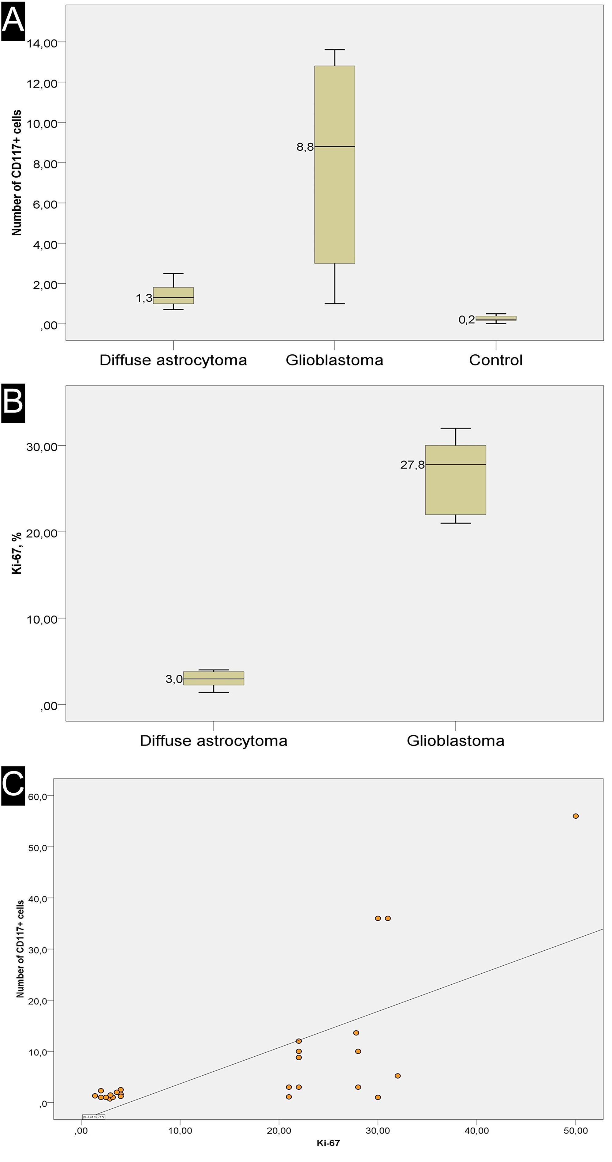 Overview of Ki-67 expression and correlation with number of CD117+ cells