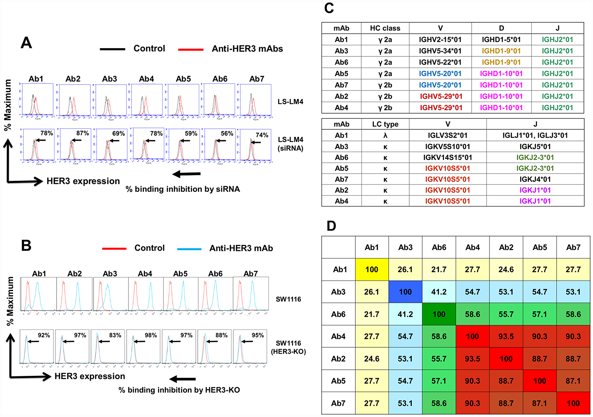 Determination of the specificity of anti-HER3 mAbs by KD and KO, germline segments and CDR homology of anti-HER3 mAbs