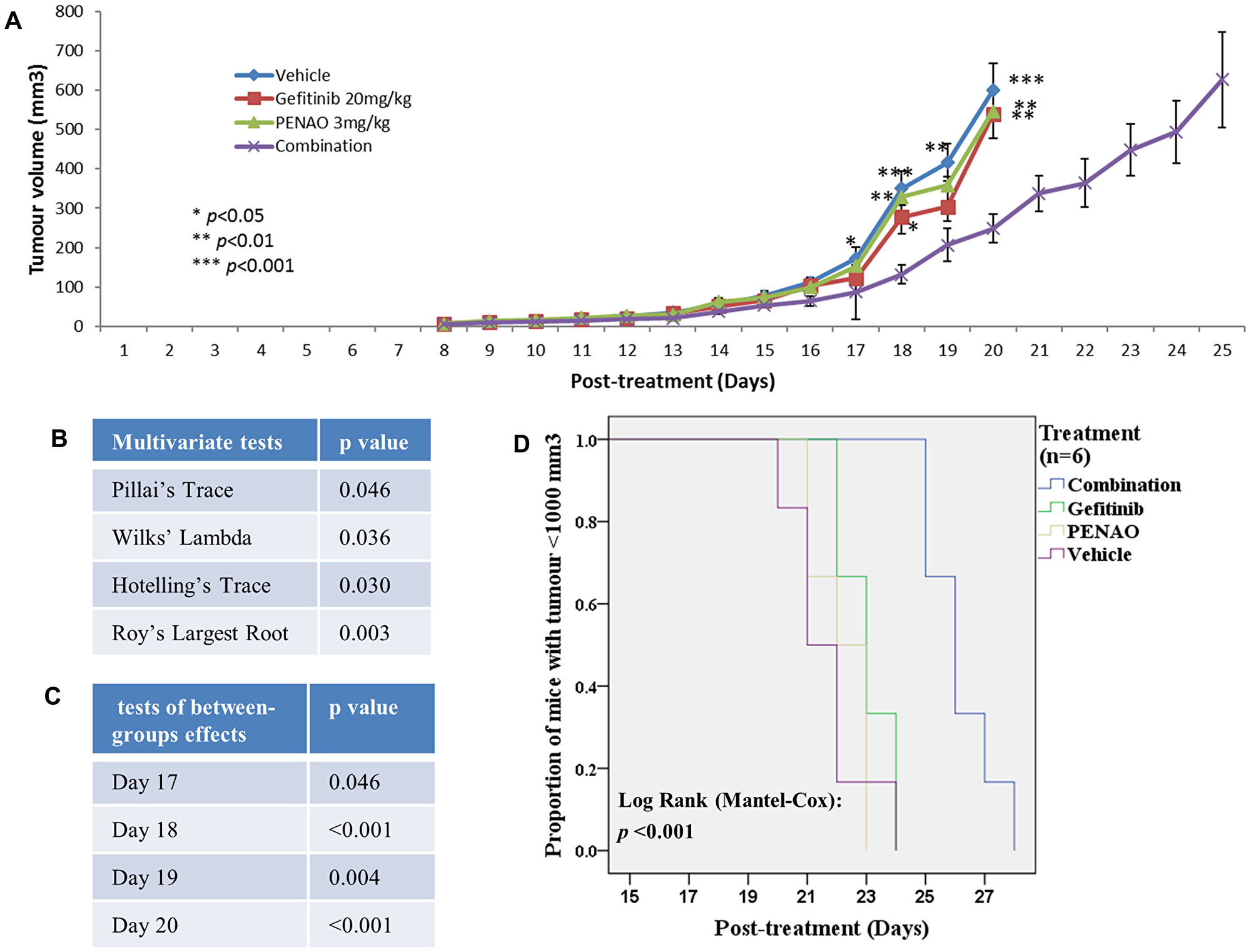 Combination therapy significantly enhanced the fibrosarcoma growth inhibition and delay in mouse model