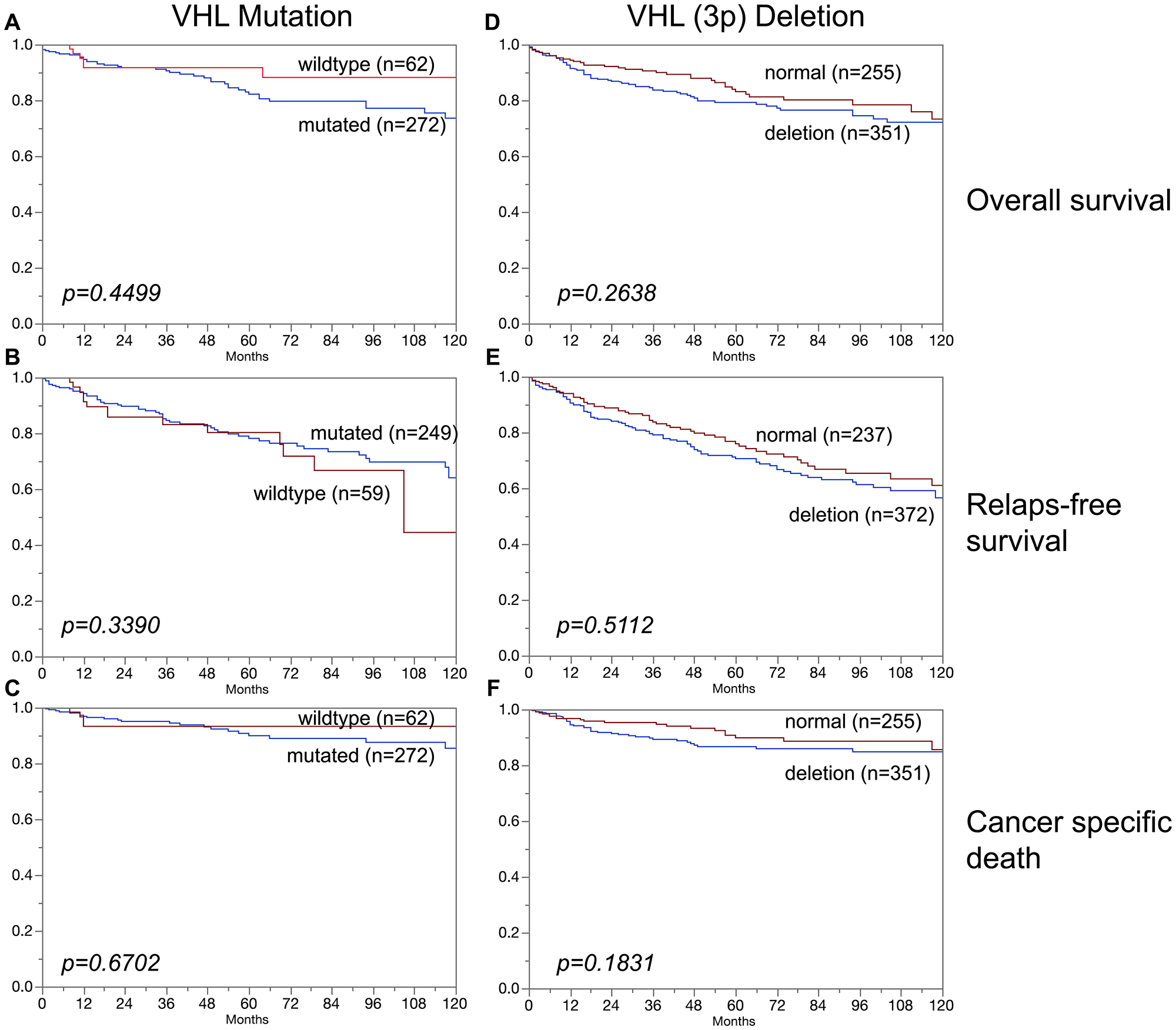Association of (A–C) VHL mutation and (D–F) VHL deletions (3p) in clear cell carcinoma and overall survival (A, D), relapse-free survival (B, E), and cancer specific death (C, F).