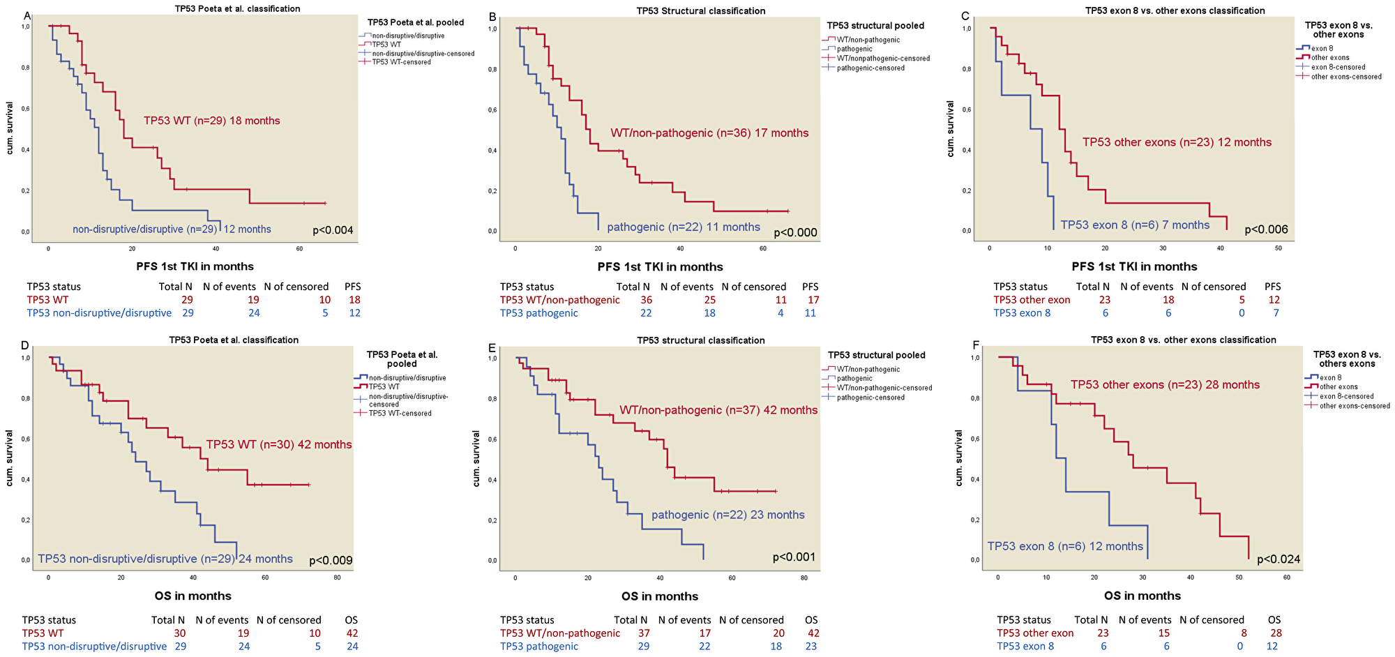 Kaplan-Meier plots of the different classification of TP53 mutations