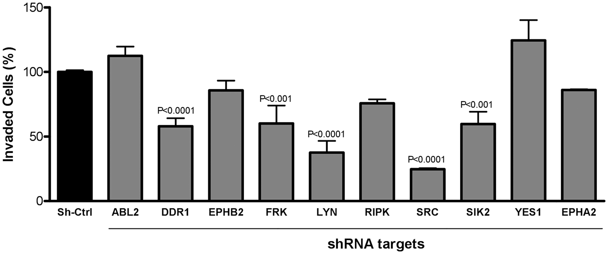 Inhibition of cell invasion 8 h after silencing target gene expression of kinases highlighted in the Kinobeads assay