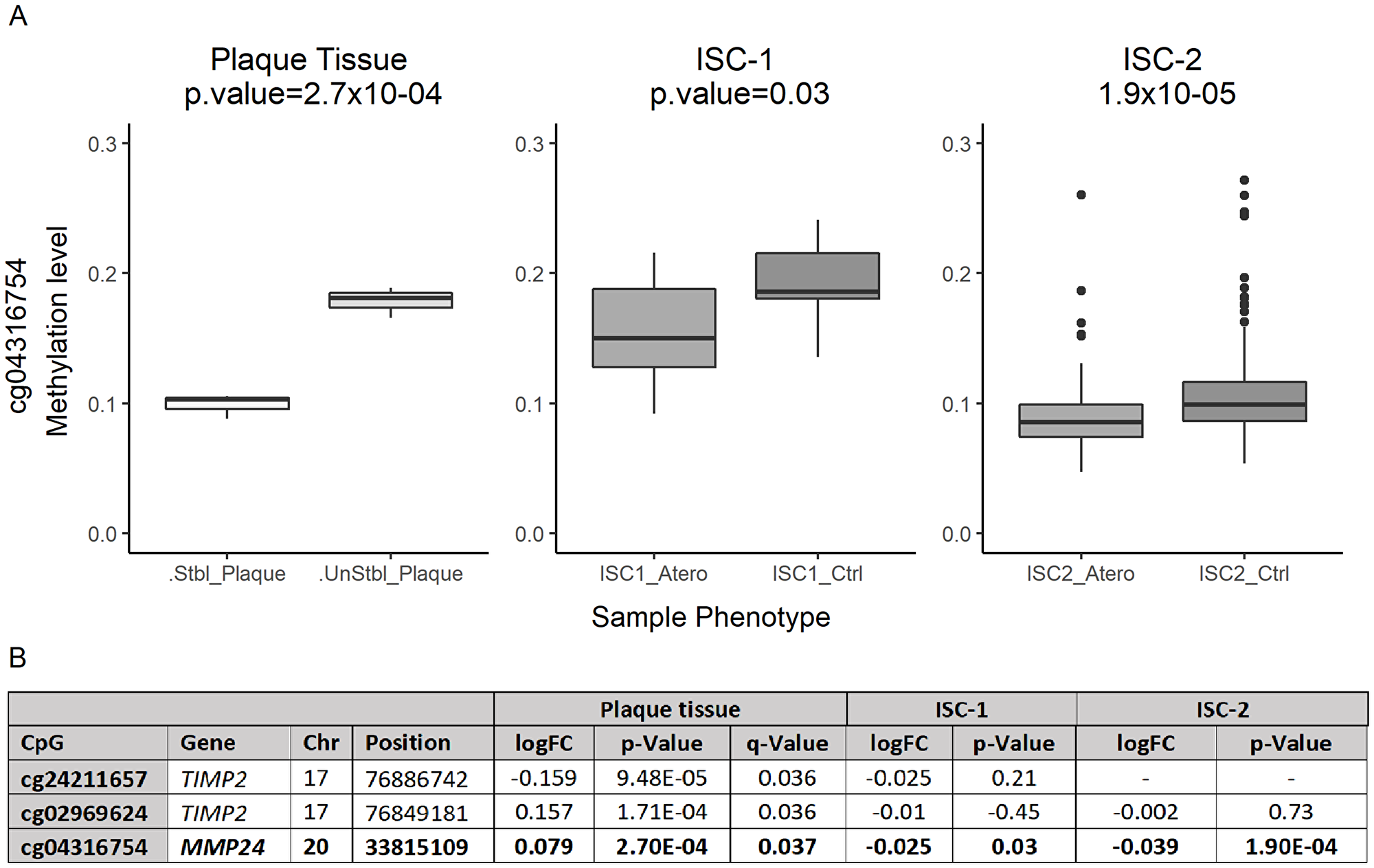 Differentially methylated levels of cg04316754 (MMP24)