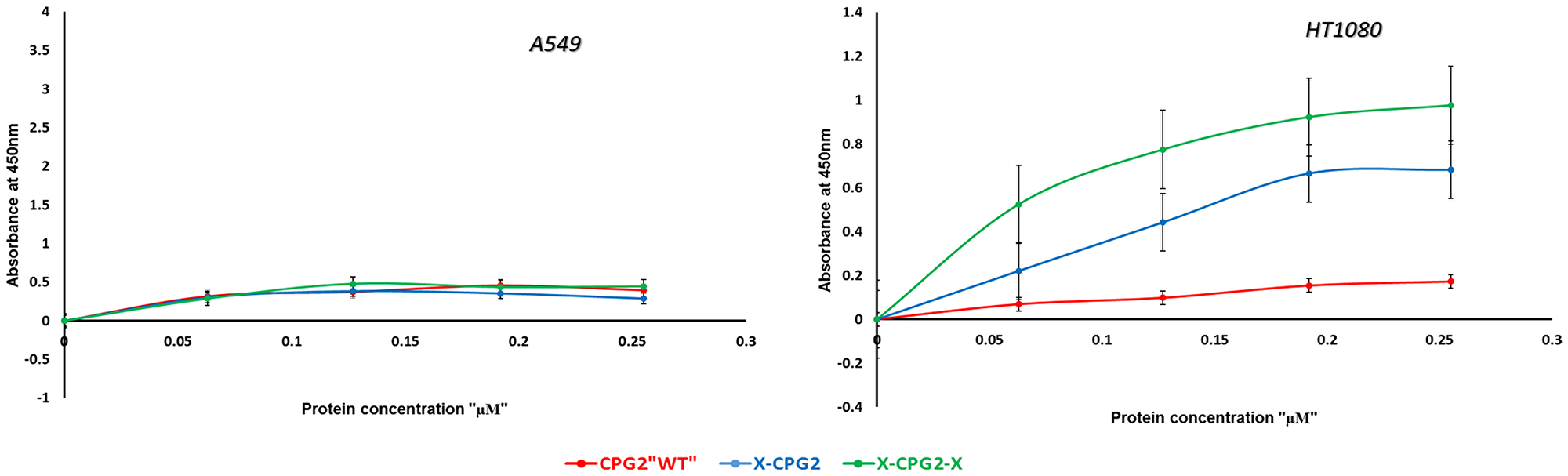 In vitro binding assay of CPG2 and its fusion protein derivatives to cancer cells expressing low (A549) and high (HT1080) levels of APN
