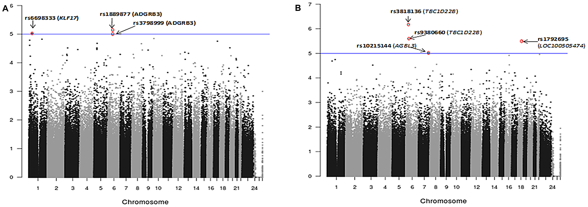 Manhattan plots showing association analysis (EMMAX) of SNPs with (A) ERG positive index tumor (N = 108) vs. ERG negative index tumor (N = 180). (B) Any tumor foci positive for ERG (N = 158) vs. ERG negative tumor (N = 133). A total of 478,299 SNPs are plotted against their respective positions on the chromosomes.