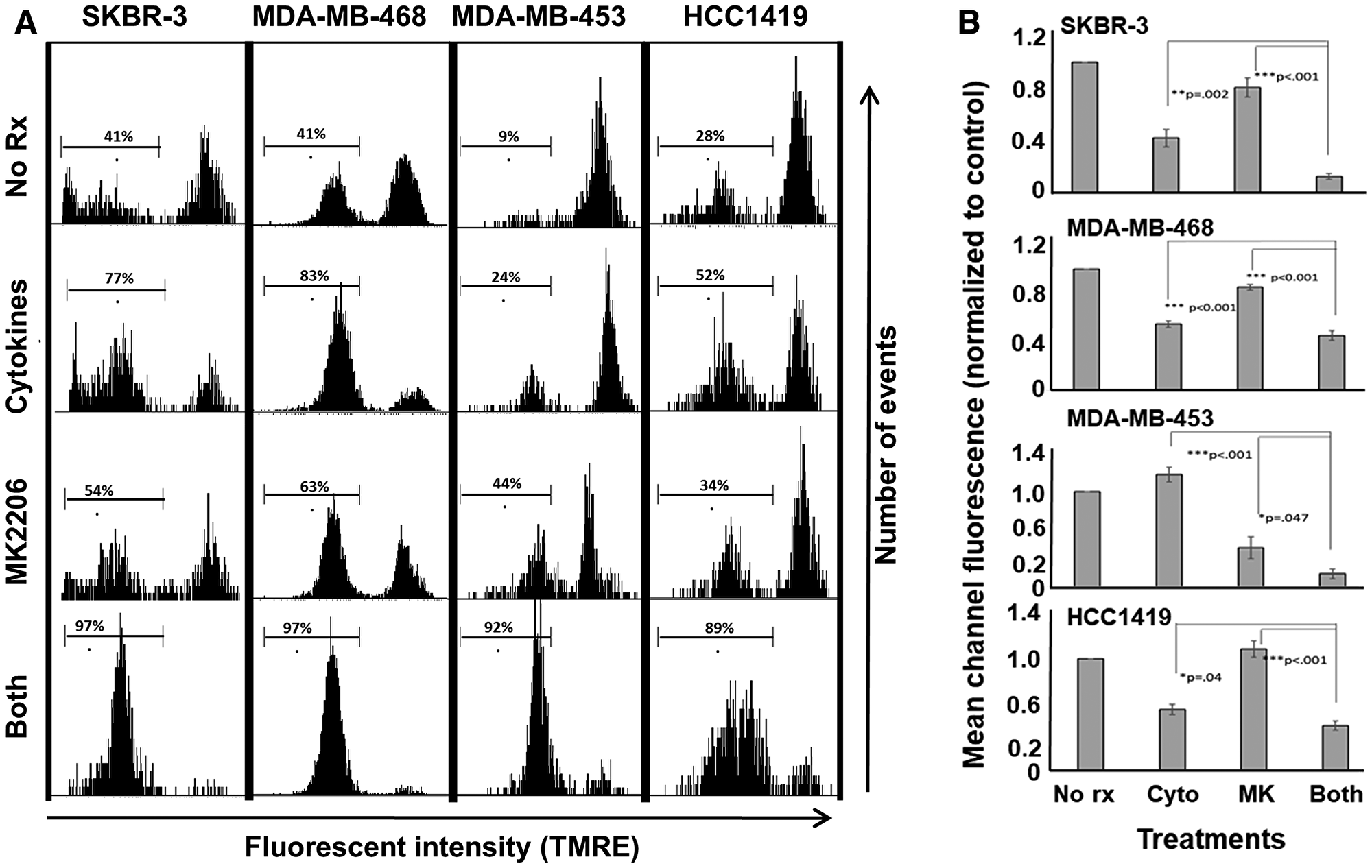 MK-2206 plus Th1 cytokines potentiate mitochondrial depolarization in human breast cancer lines