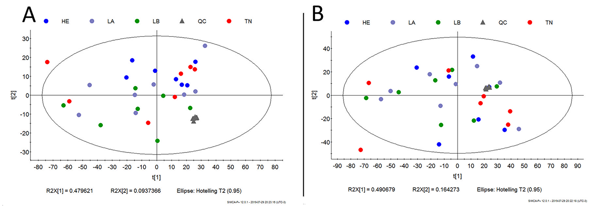 Metabolic untargeted multivariate analysis blue: Her-2; purple: luminal A; green: luminal B; gray: quality control; red: triple negative