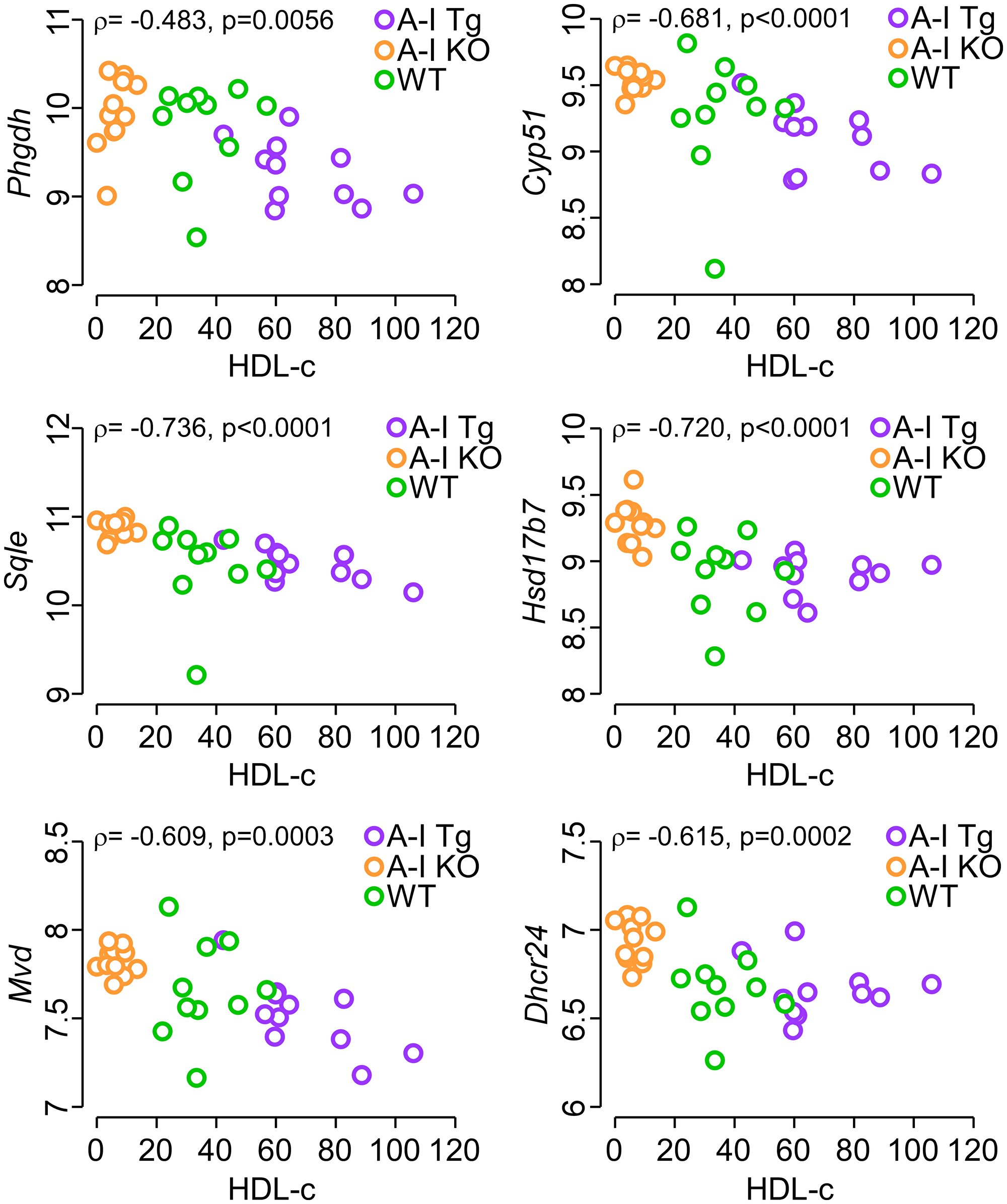 Inverse correlation between circulating HDL-c levels in tumor-bearing mice and tumor transcript levels of Phgdh, the first enzyme of serine synthesis pathway as well as enzymes of the mevalonate pathway