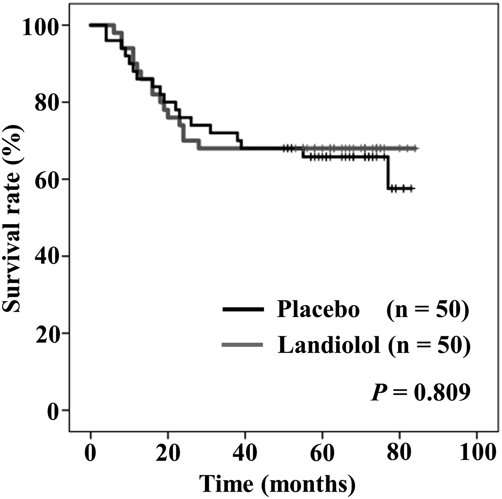 Figure 4: Intention to treat Kaplan&ndash;Meier curves of overall survival between placebo (black) and landiolol (gray) groups.