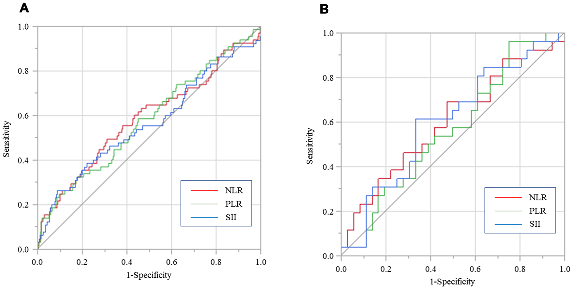 Predictive abilities of SII, NLR, and PLR for OS examined using ROC curve analysis in gastric cancer patients without inflammation (A) and with inflammation (B).