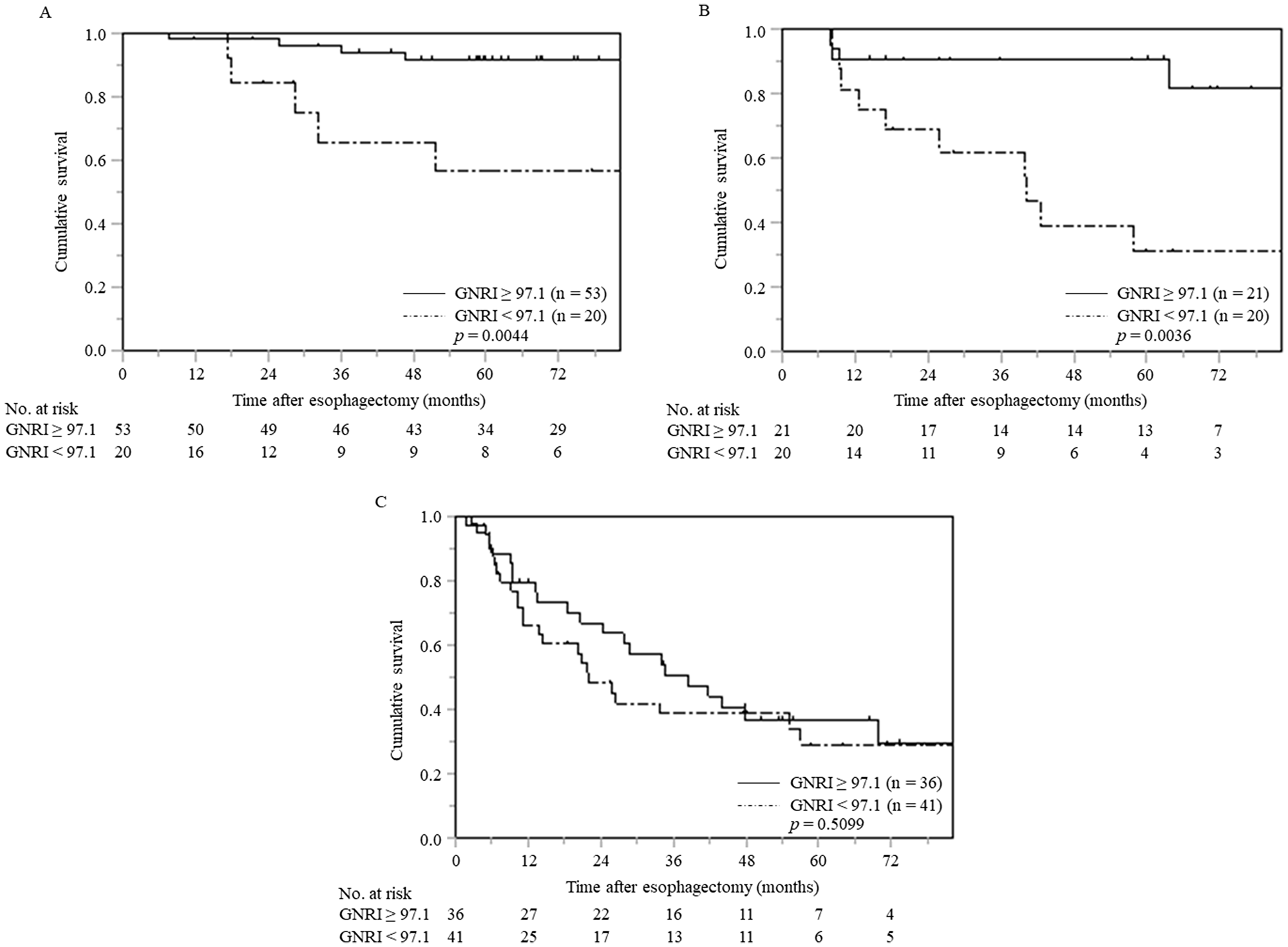 Cancer-specific survival curves in patients with ESCC at each pTNM stage stratified by preoperative GNRI (A) pTNM stage I (n = 73), (B) pTNM stage II (n = 41), (C) pTNM stage III (n = 77). Abbreviations: ESCC, esophageal squamous cell carcinoma; pTNM, pathological tumor-node-metastasis; GNRI, geriatric nutritional risk index.