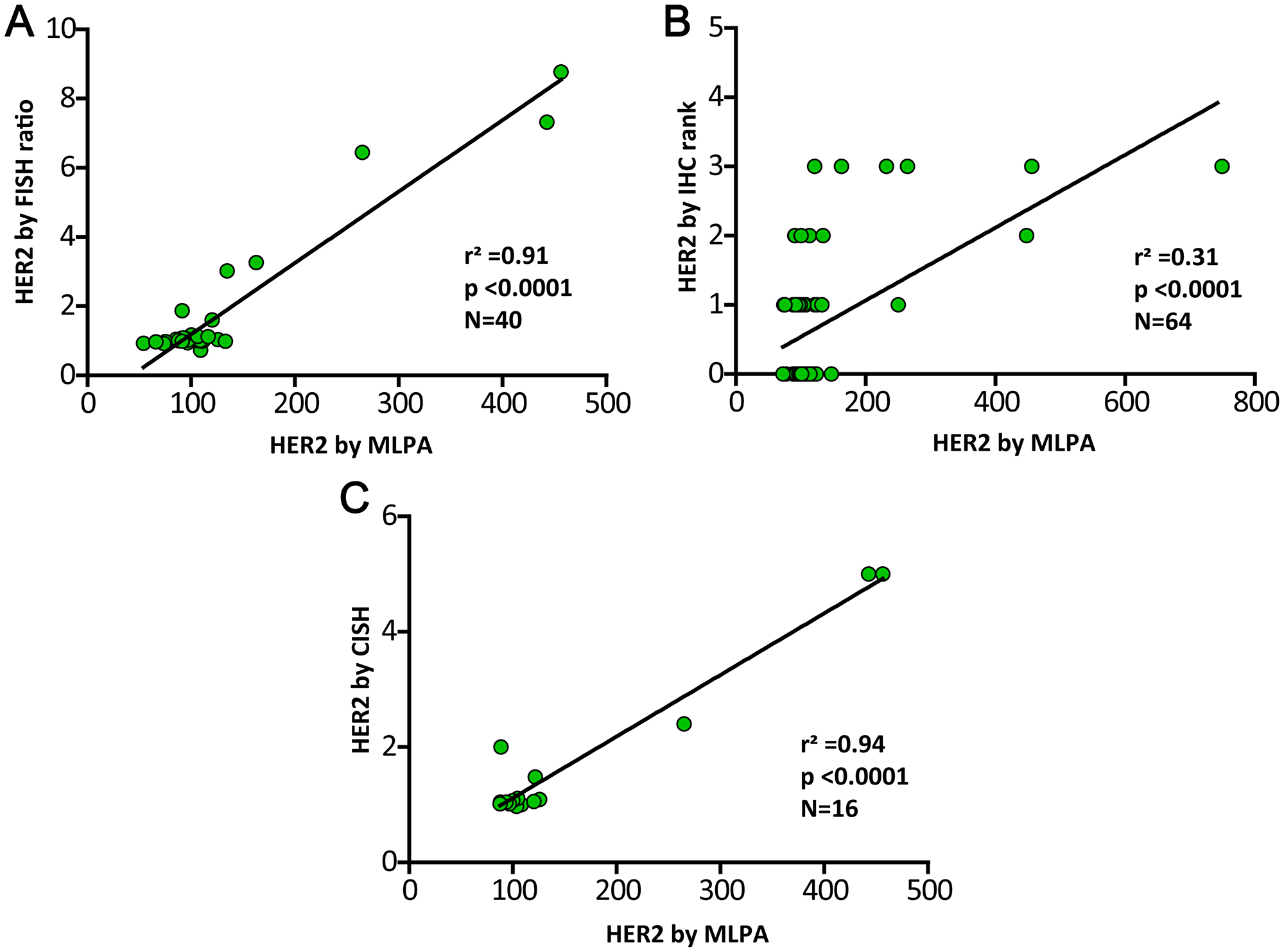 Validation of HER2 MLPA determination by the golden standard procedures FISH, IHC and CISH