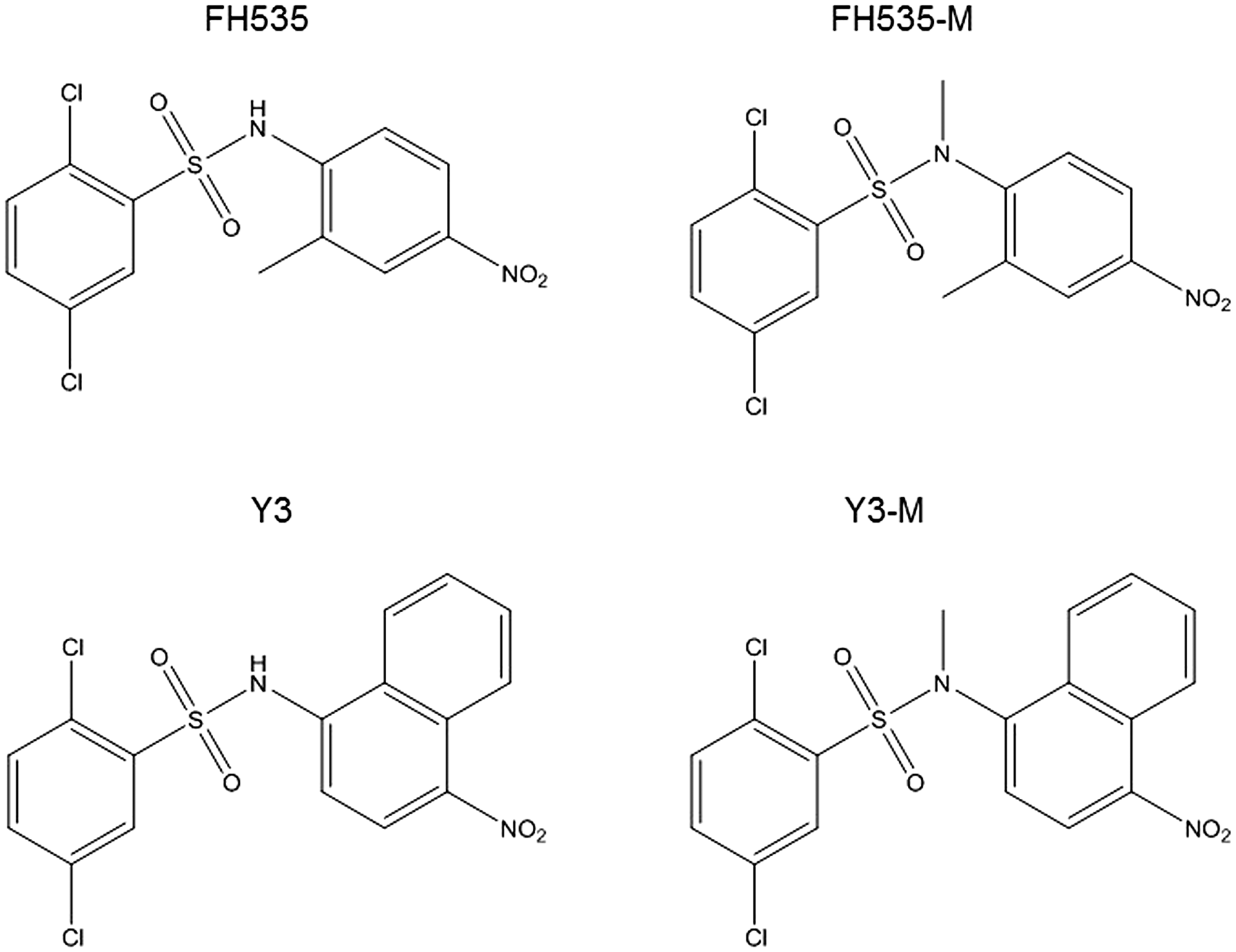 Structures of FH535 and Y3 and methylated compounds