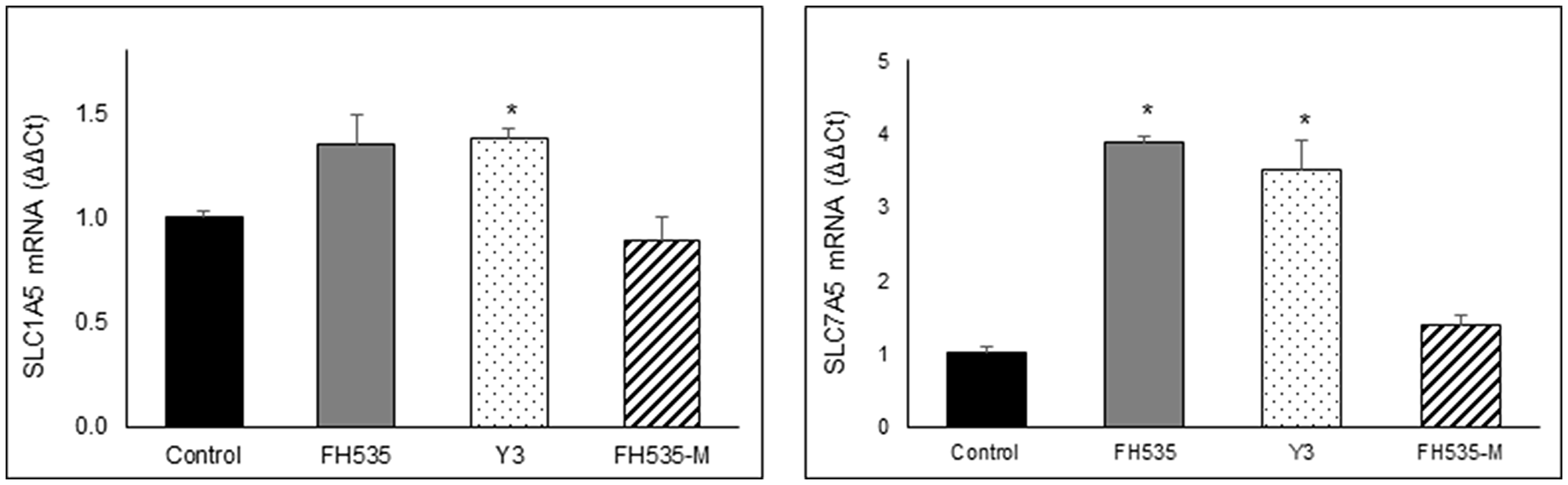 Relative expression of SLC1A5 and SLC7A5 mRNA were determined by real time-PCR after 48 treatment of Huh7 cells with 10 μM of the indicated compounds using B2M gene for normalization
