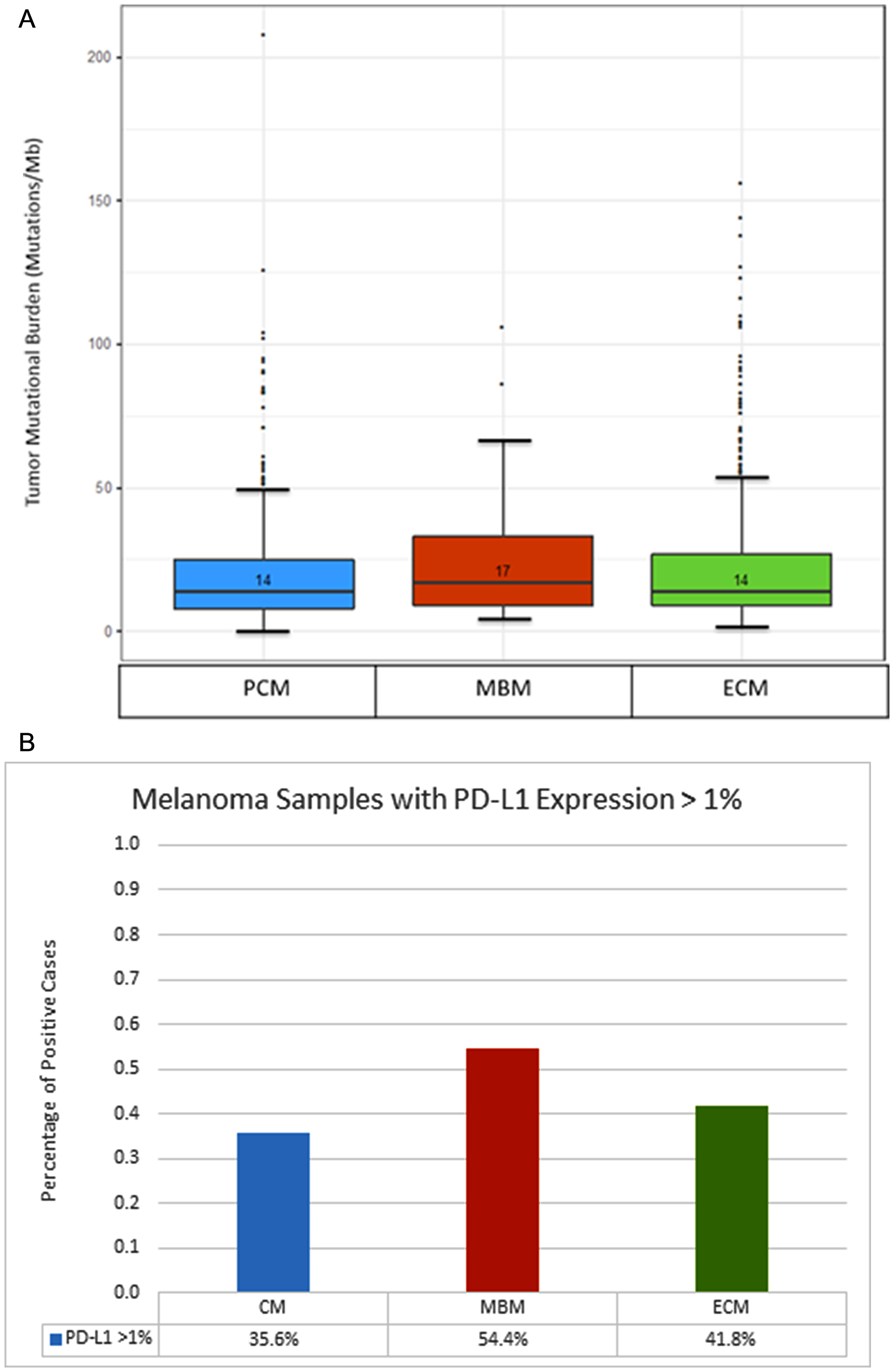 Comparison of tumor mutational burden and PD-L1 expression between primary cutaneous melanoma (PCM), melanoma brain metastases (MBM) and extracranial metastases (ECM)