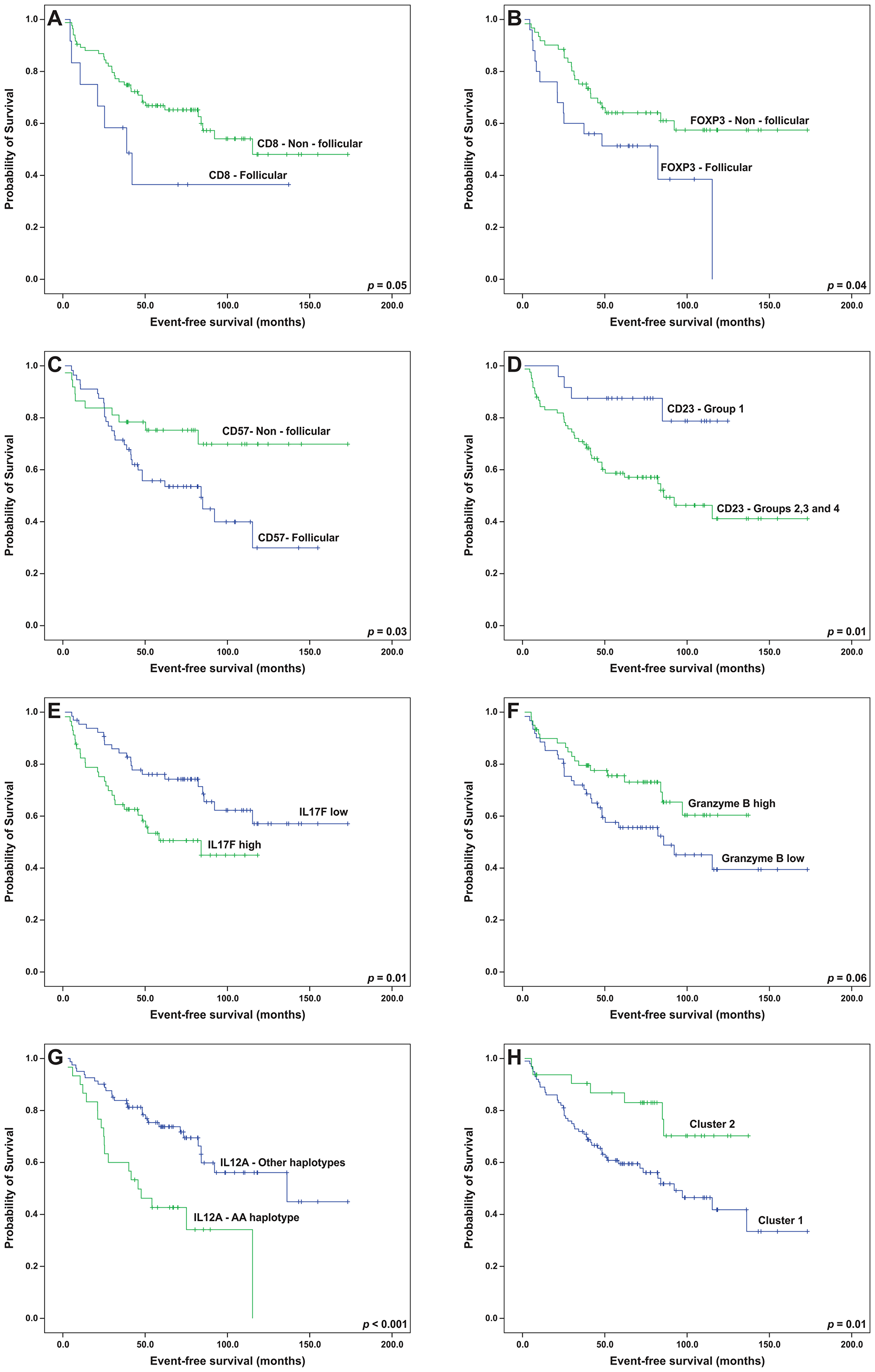 Event-free survival analyses (Kaplan-Meier curves) of follicular lymphoma patients treated with R-CHOP/R-CVP influenced by the patterns of (A) CD8, (B) FOXP3, (C) CD57 and (D) CD23, (E) intratumoral levels of IL-17F, (F) intratumoral levels of granzyme B, (G) the presence of the IL12A AA haplotype and (H) microenvironment clusters. All the p-values were obtained from log-rank tests.