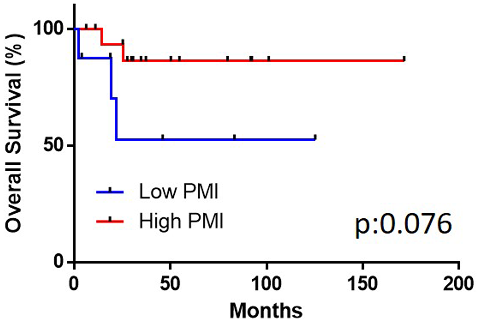 The overall survival in the high and low psoas muscle index (PMI) groups