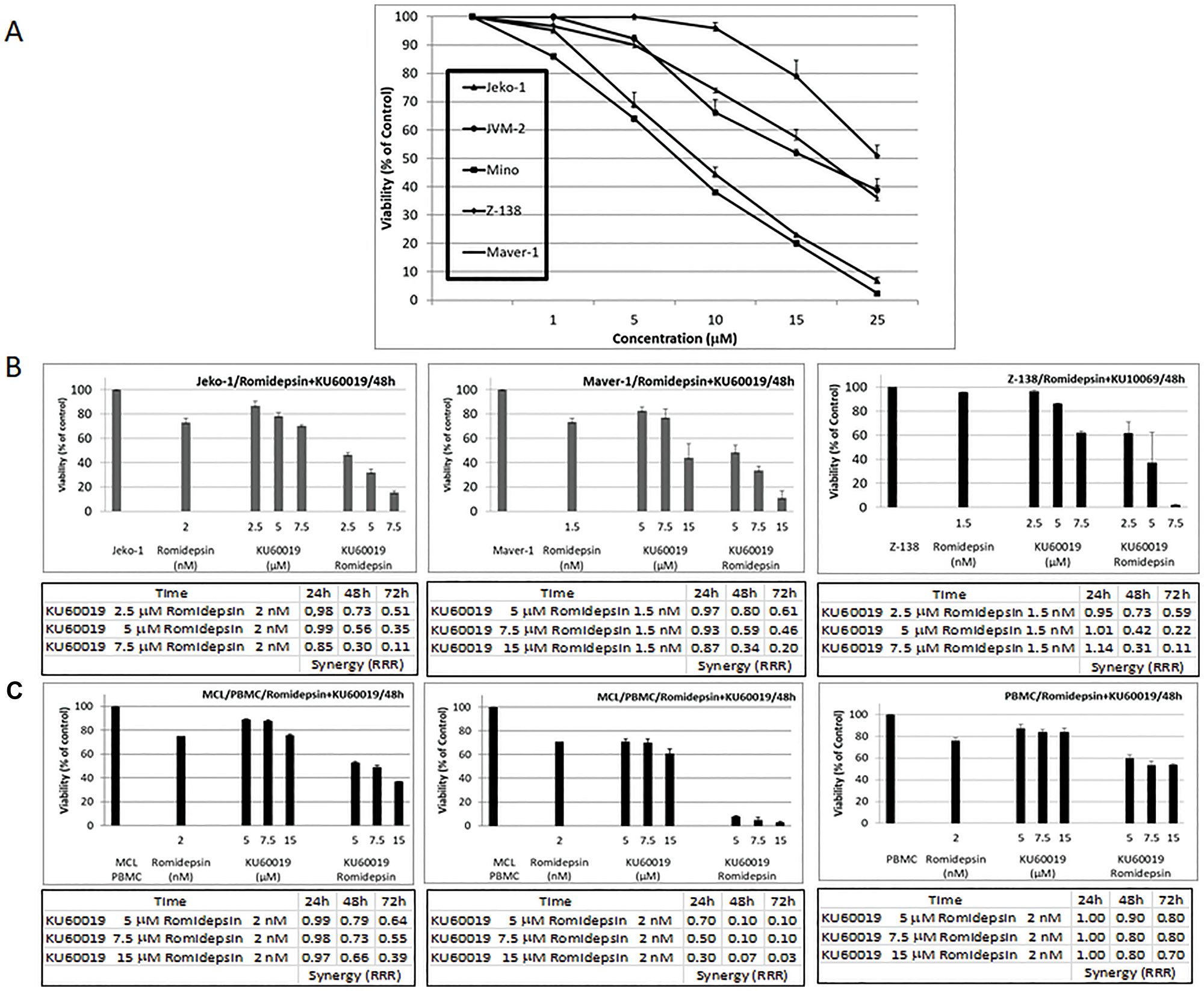 The ATM inhibitor KU60019 and Romidepsin are highly synergistic in in vitro models of MCL
