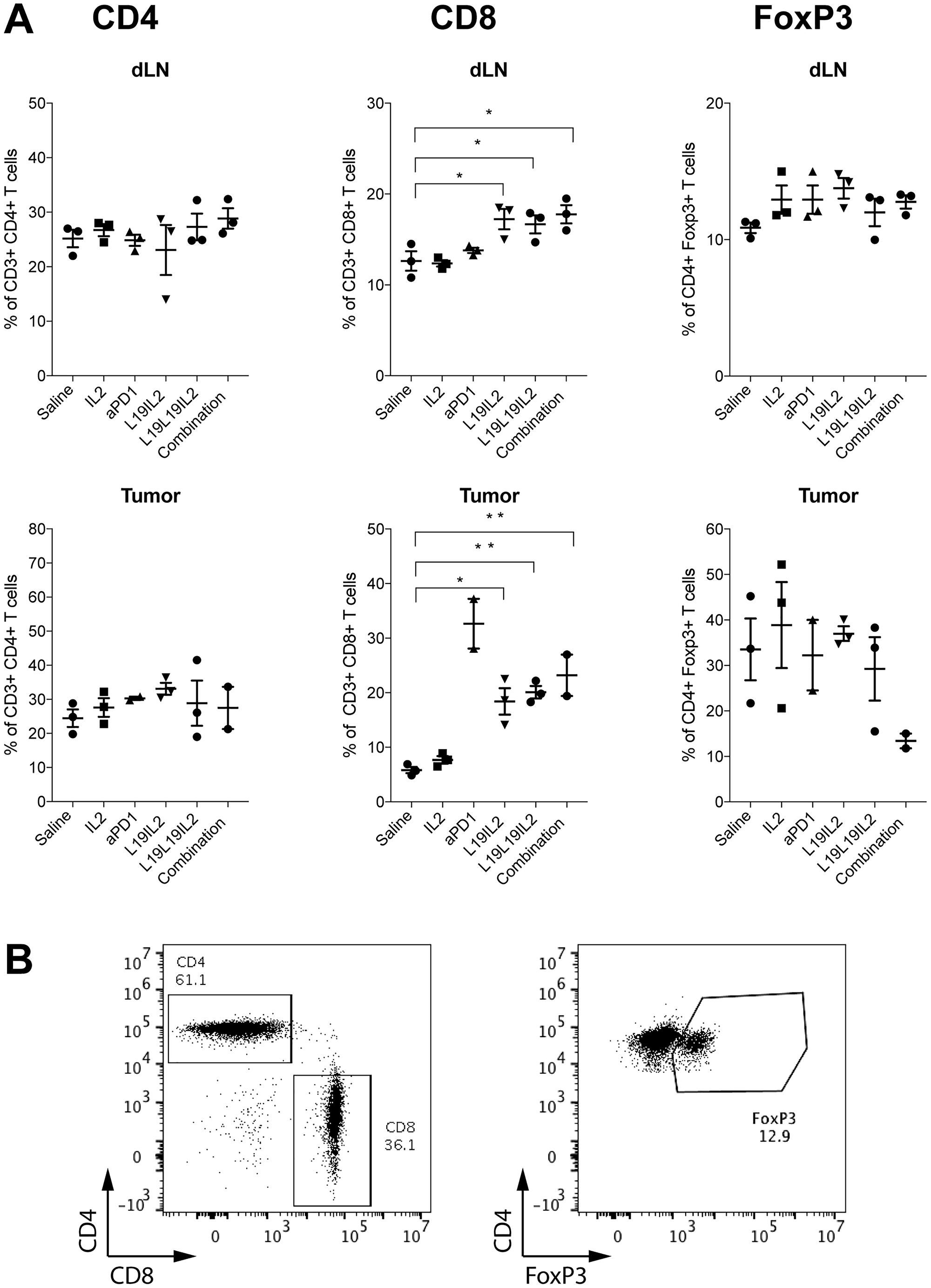 (A) Immunophenotypic analysis of lymphocyte in tumor and in tumor draining lymph node (dLN) of treated mice. Individual plots show the percentage of CD4+ T cells, CD8+ T cells and CD4+ FoxP3+ T cells in draining lymph nodes on mice from the different therapy groups (n = 2–3). Statistical significances were determined with a regular one-way ANOVA test with Bonferroni post-test correction. Data represent means ± SEM. * = p $!--ESC