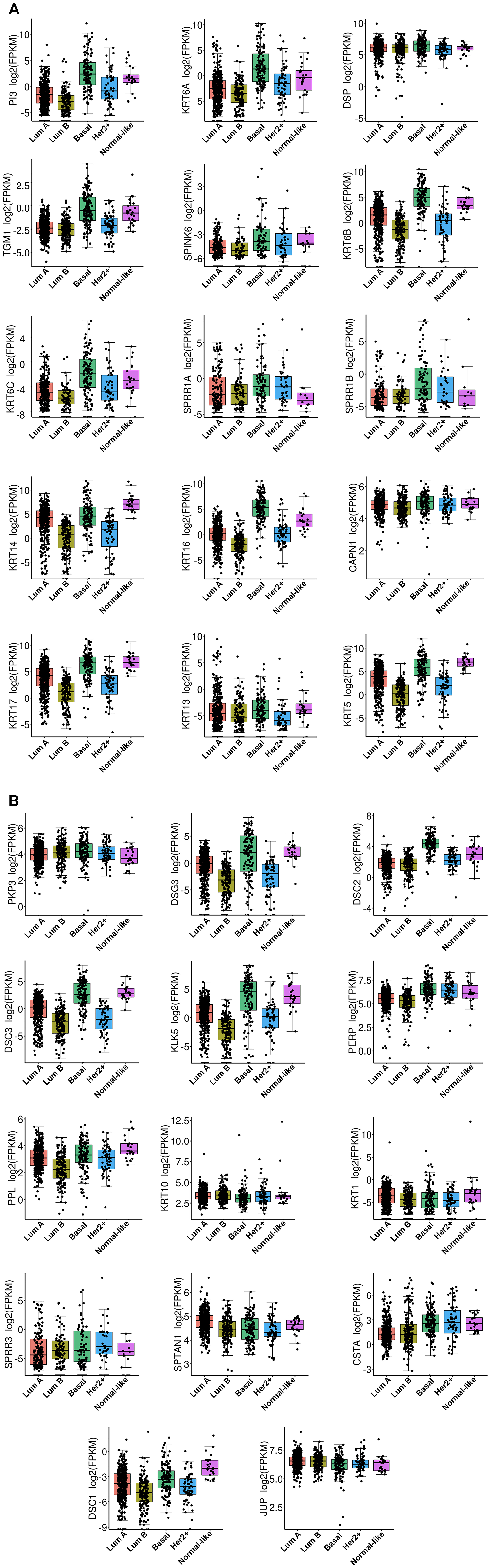 The box plot of RNA expression on TCGA data across BC subtype for all 29 gene