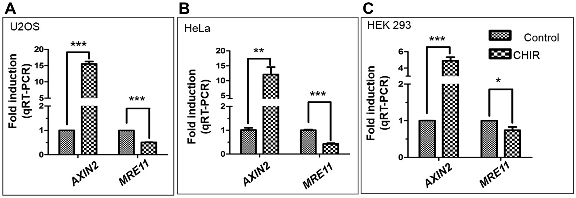 Differential expression profiles of MRE11 and AXIN2 genes following treatment of human cancer cell lines with CHIR (25 μM)