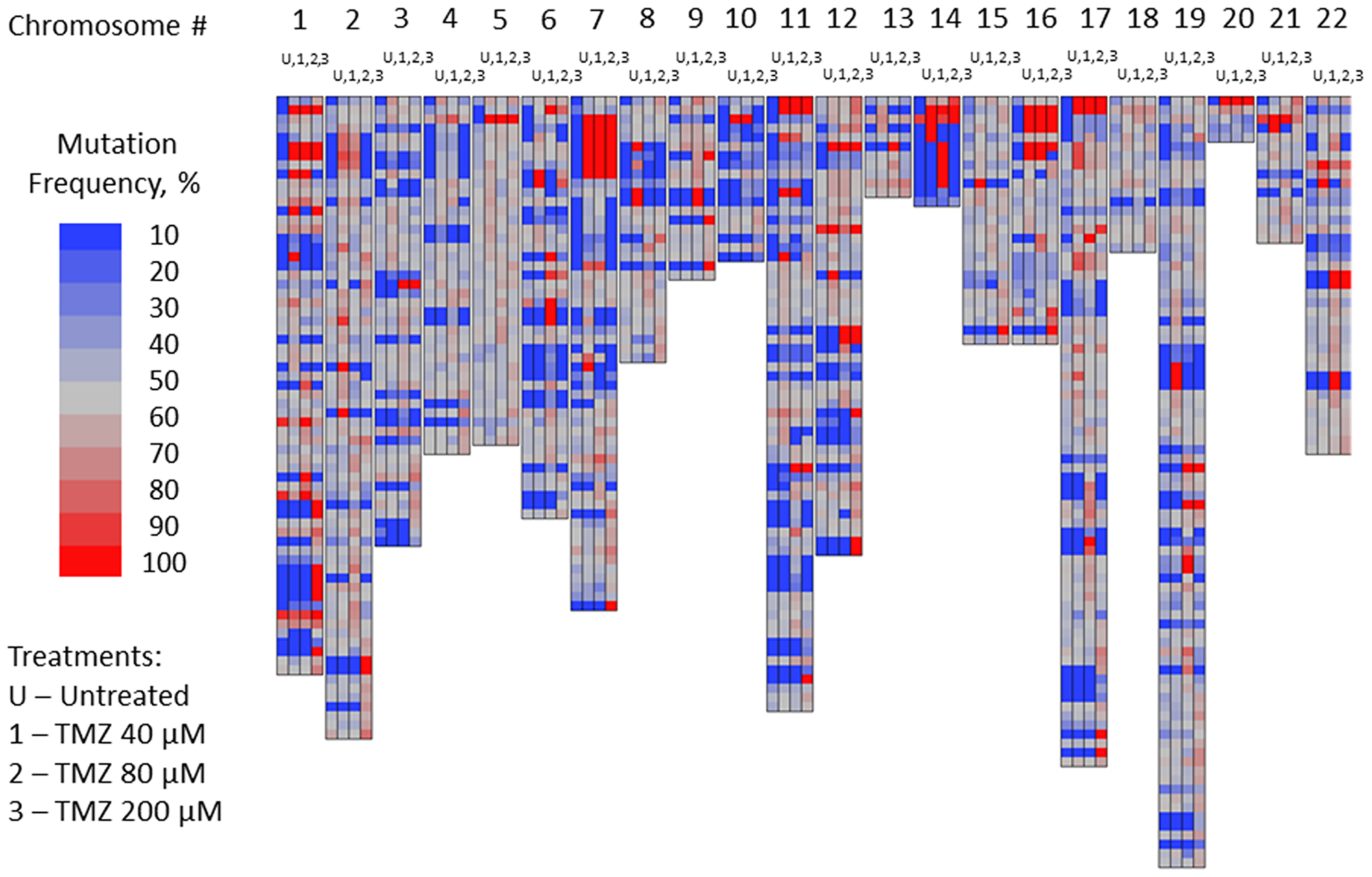Mutation frequency in subset of nucleotides of U87MG glioma cells susceptible to TMZ-induced mutations: not-treated cells vs. cells treated with TMZ 40, 80 and 200 μM concentrations on day 3 of the treatment